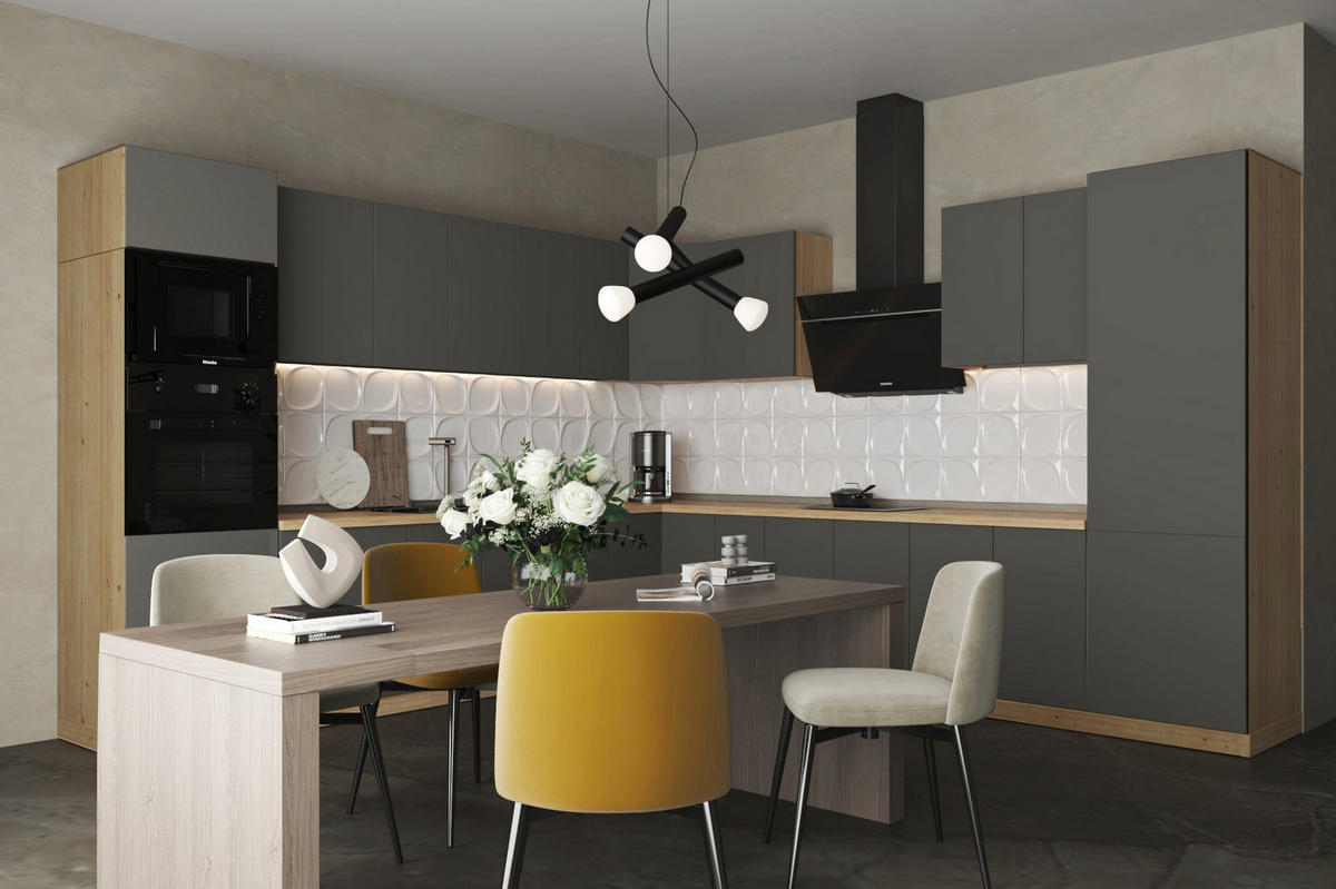 WINKELKÜCHE – Küchenzeile 330 x 340 cm VELORA – KU-S43 – Grau - Grau, Holzwerkstoff (330/212/340cm) - hi-markt