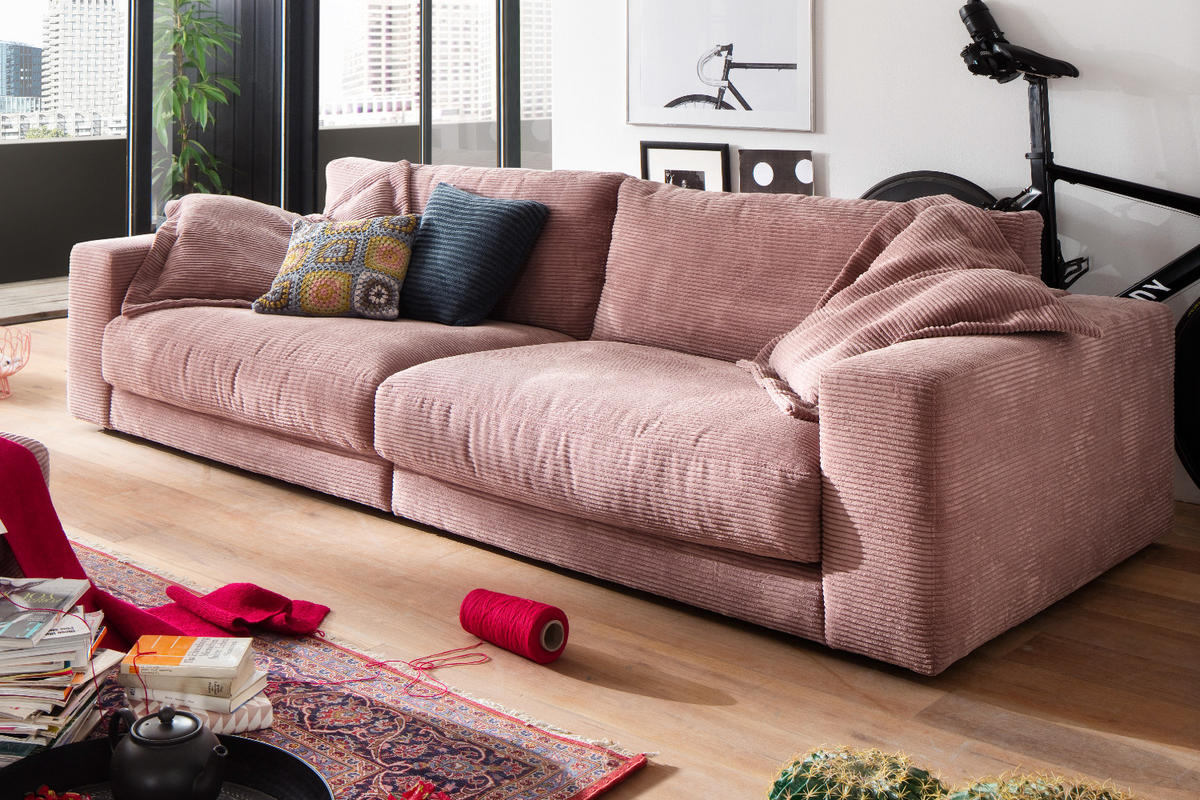 SOFA 3-SITZER MADELINE Pink Cord - Pink/Schwarz, Textil (290/85/127cm) - KAWOLA
