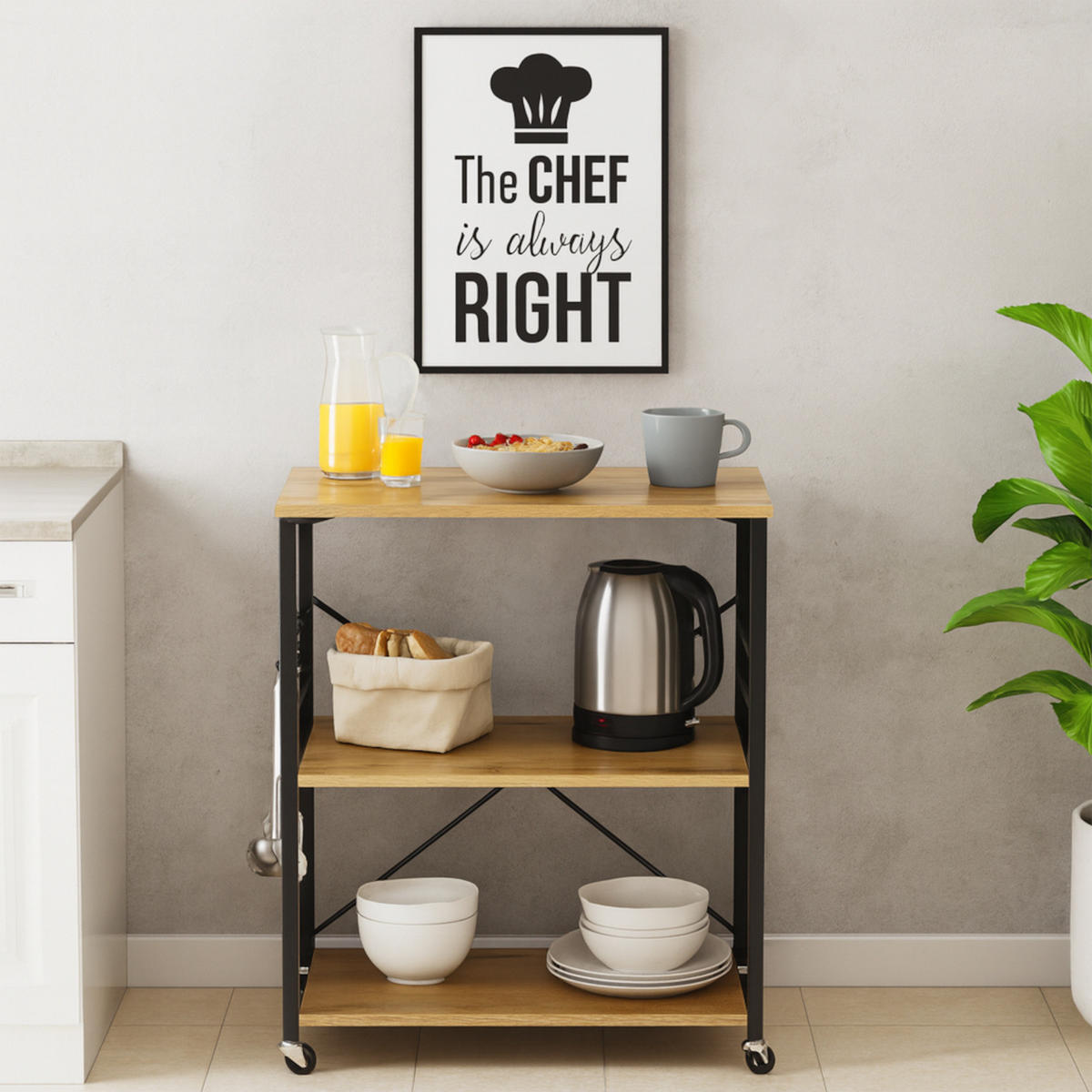 KÜCHENREGAL Holzoptik Metall Eichefarben Schwarz mit Rollen 60×40×90 cm - Eichefarben/Schwarz, Holzwerkstoff/Metall (60/90/40cm) - Begryf