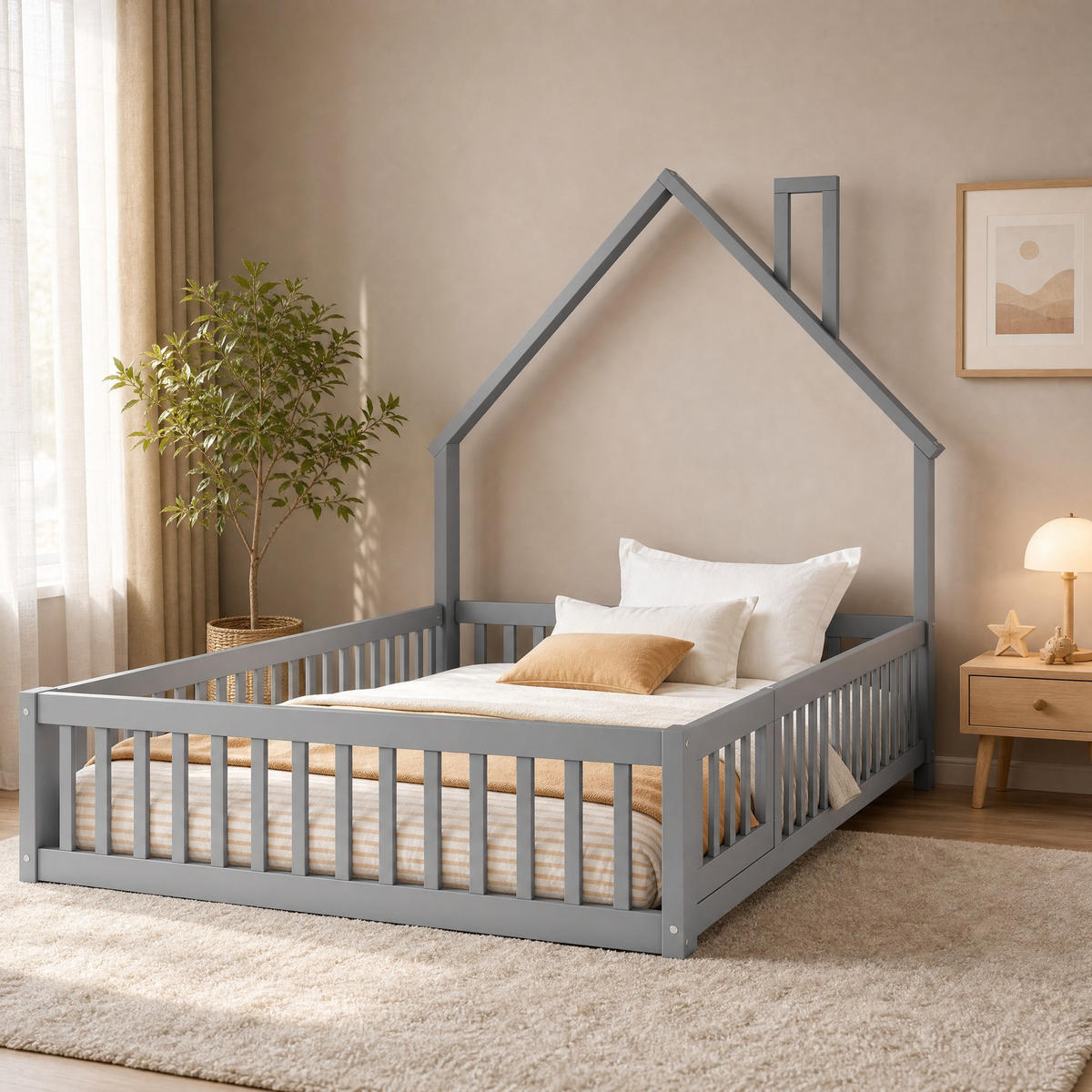 HAUSBETT 140/200 mit Schornstein-Design und Sicherheitsgitter in Grau - Grau, Holzwerkstoff (140/200cm) - EVRYAE