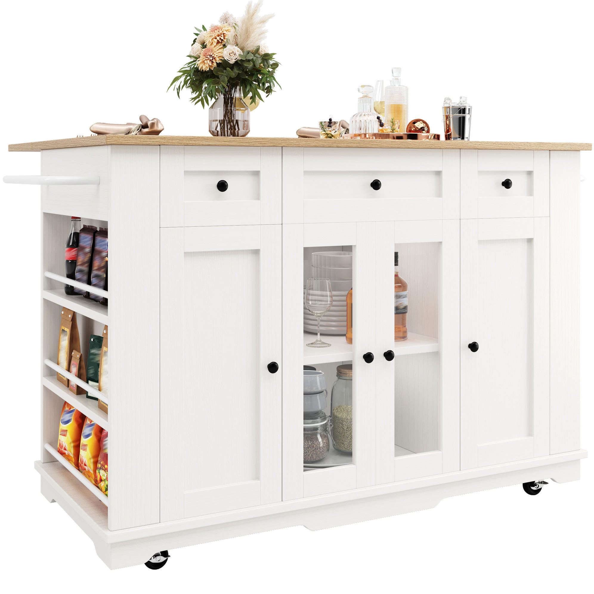 KÜCHENINSEL 151,5/60/91,7 cm Weiß/Natur aus MDF, Metall und Glas mit klappbarer Tischplatte - Weiß, Holzwerkstoff (60/91.7/151.5cm) - OKMYHOME