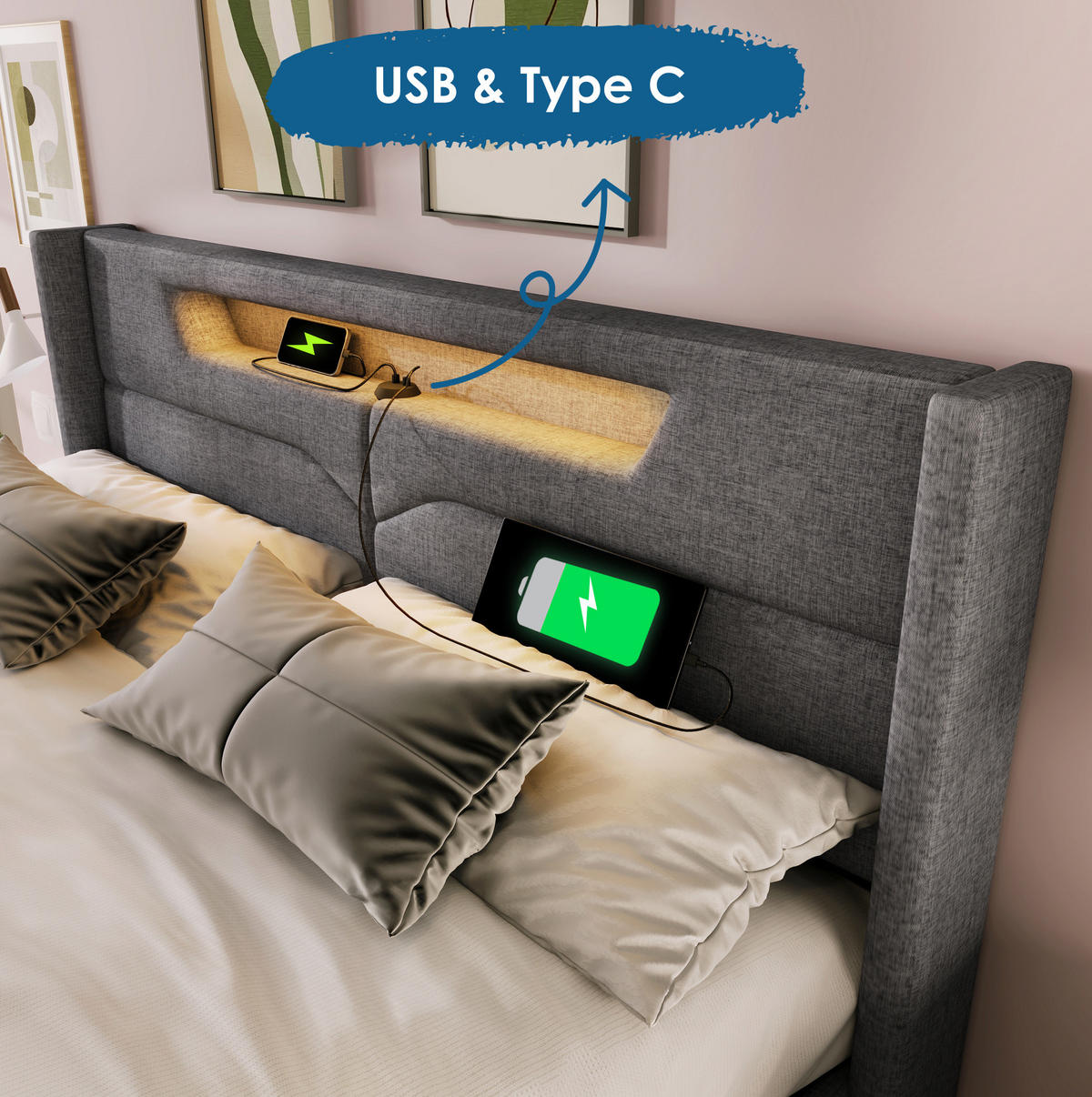 POLSTERBETT 160/200 cm mit LED-Beleuchtung, USB- und Type-C-Anschluss sowie Bettkasten, Grau - Grau, Textil (160/200cm) - Redom
