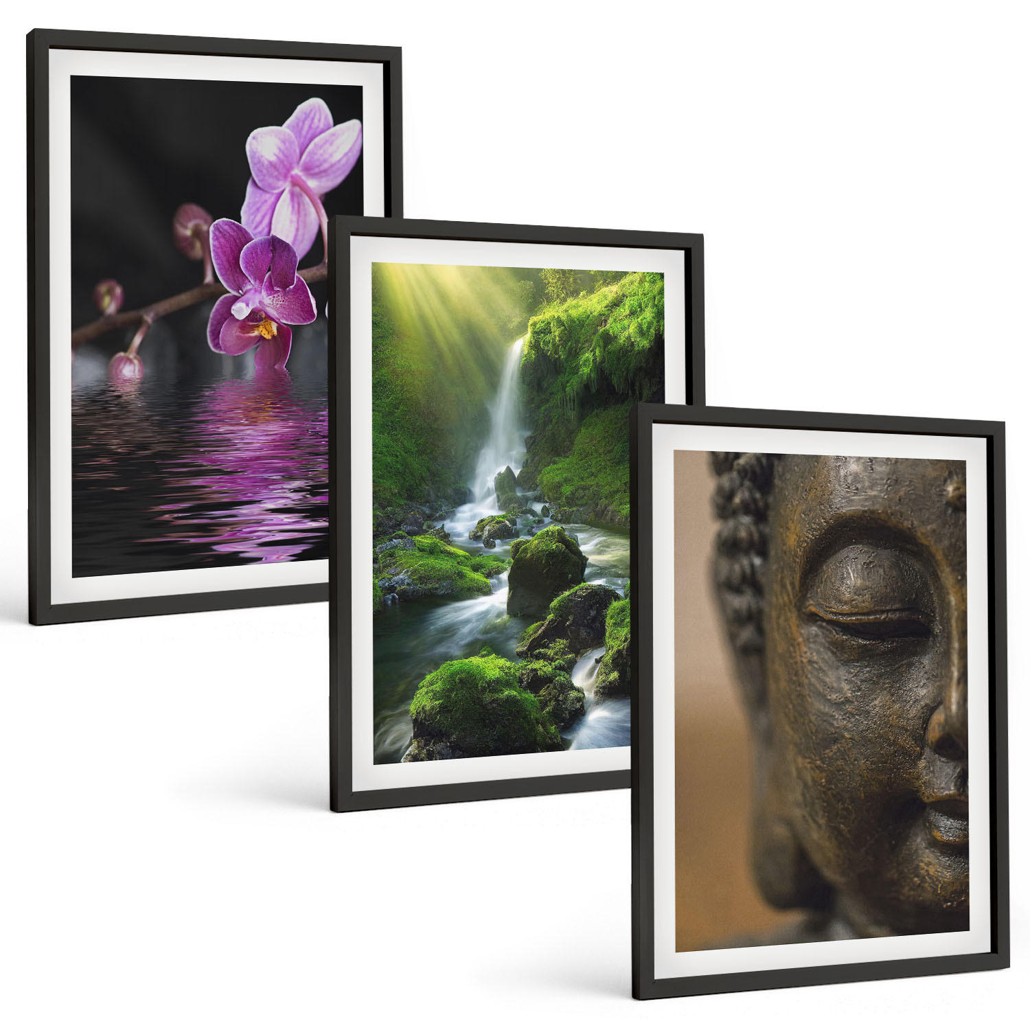 BILDER SET 3er Set - 40x60 cm Schwarzer Rahmen - Blumen, Wasserfall, Buddha-Felsen, Zen - Schwarz, Kunststoff (40/60cm) - TULUP