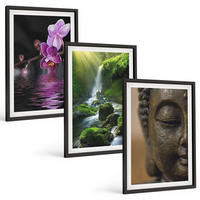 BILDER SET 3er Set - 40x60 cm Schwarzer Rahmen - Blumen, Wasserfall, Buddha-Felsen, Zen - Schwarz, Kunststoff (40/60cm) - TULUP