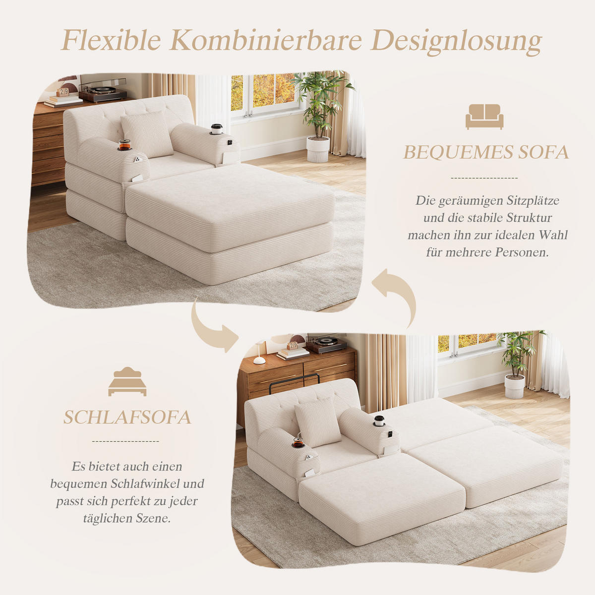 SCHLAFSOFA mit Hocker und Liegefunktion aus Cord mit Getränkehaltern und Seitentaschen in Beige - Beige, Textil (191/60/162cm) - EVRYAE