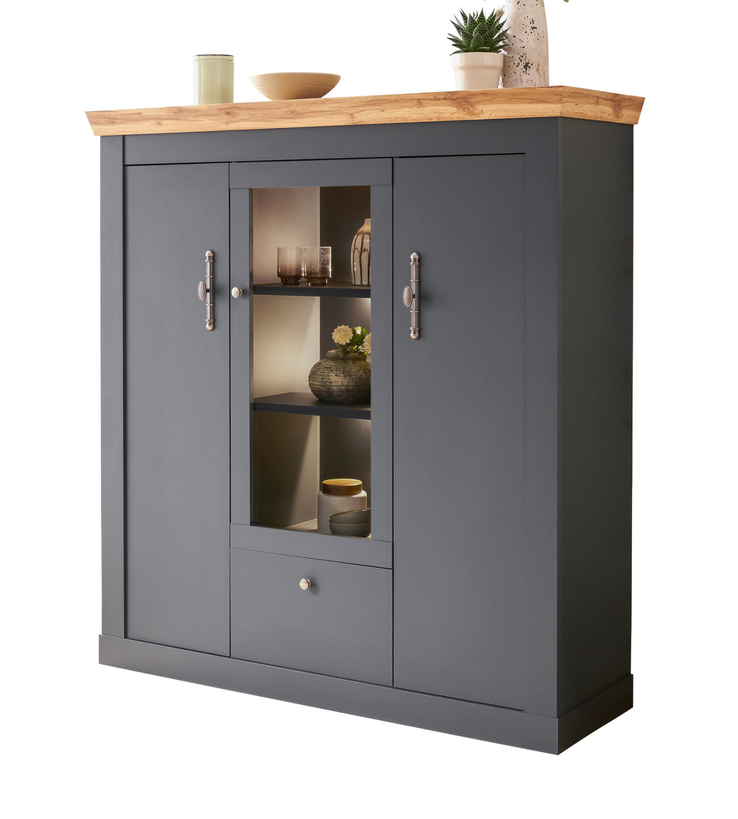 HIGHBOARD grau, Eiche Wotan, Landhaus 141 cm, Vitrine mit Soft-Close - Silberfarben/Eiche Wotan, Glas/Holzwerkstoff (141/146/45cm) - Furn.Design