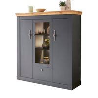 HIGHBOARD grau, Eiche Wotan, Landhaus 141 cm, Vitrine mit Soft-Close - Silberfarben/Eiche Wotan, Glas/Holzwerkstoff (141/146/45cm) - Furn.Design