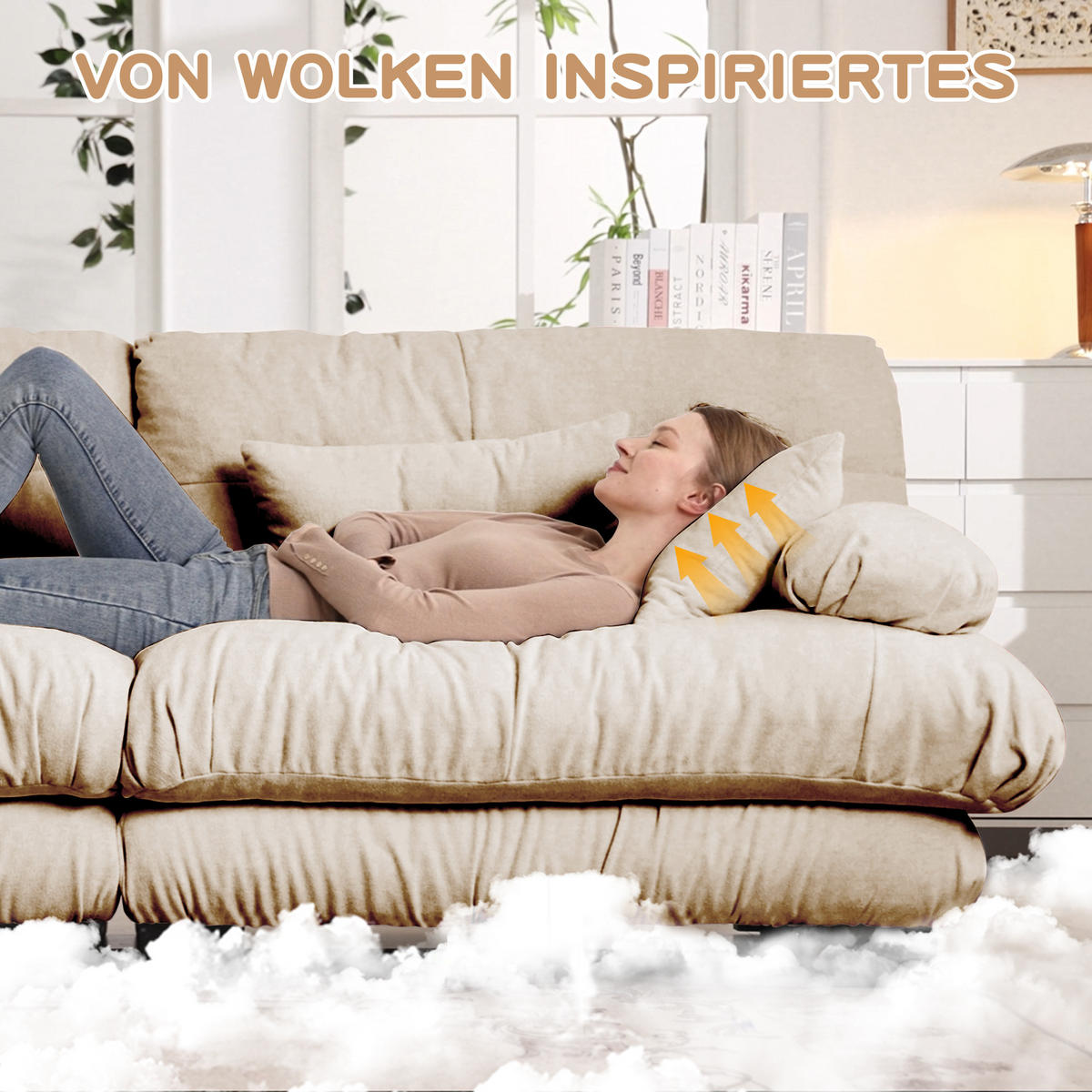 2-SITZER SOFA Chenille Hellbraun mit 2 Ottomans - Hellbraun, Textil (220/81/145cm) - WISHDOR