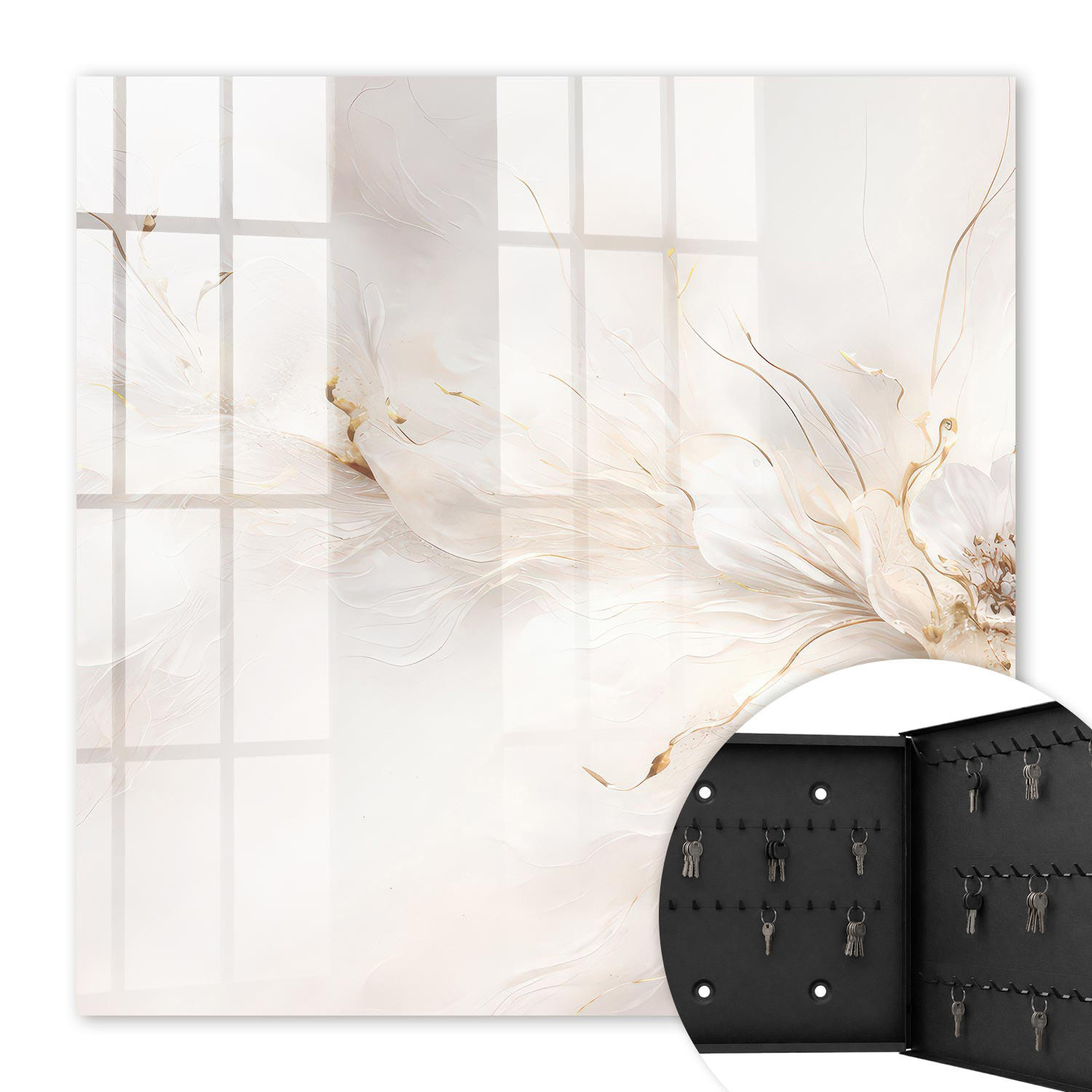 SCHLÜSSELBOX Schwarz 30x30 cm- Türöffnung nach rechts - Elegante Blume - Creme, Metall (30/30/5cm) - TULUP