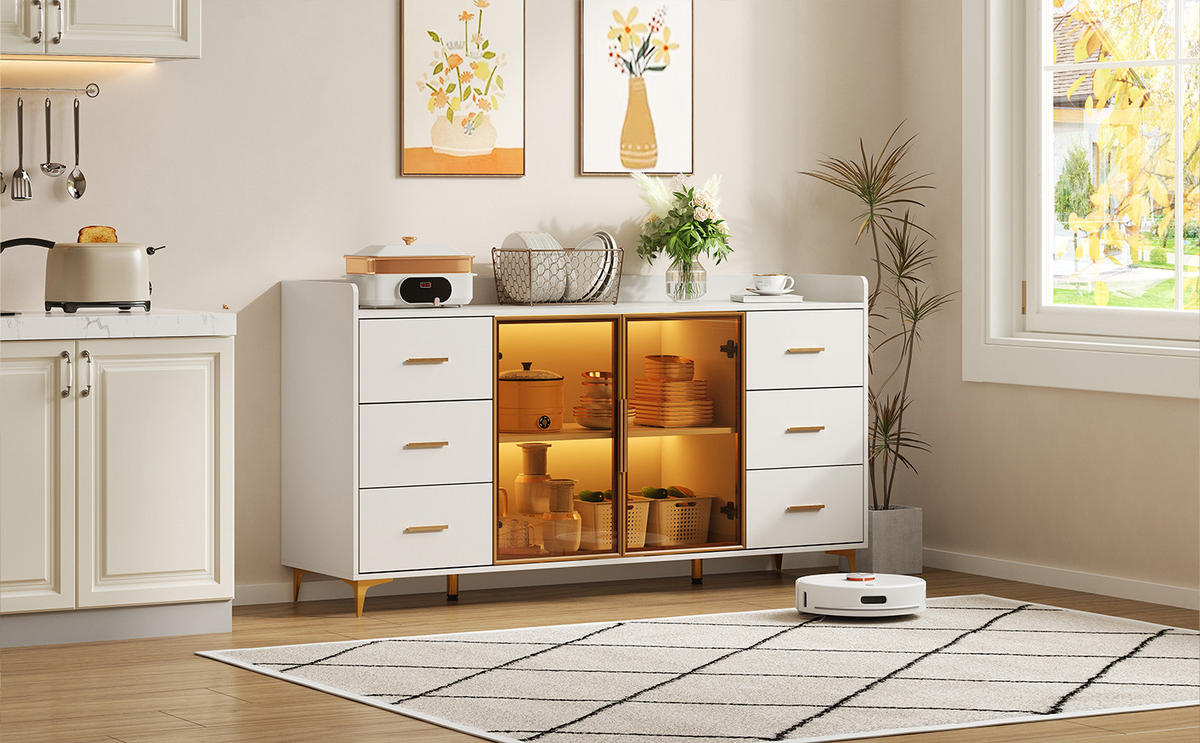 SIDEBOARD mit 6 Schubladen und Doppeltür mit Rauchglas, fernbedienbare LED, MDF, 160/44/87 cm, Weiß und Gold - Weiß, Holzwerkstoff (160/87/44cm) - Redom