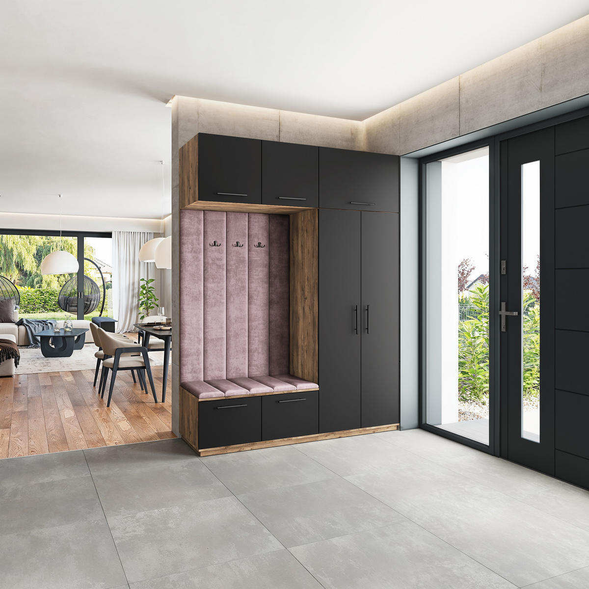 GARDEROBENSCHRANK REMA 180/240/60 cm Modern Garderobe-Set Eiche Lefkas - Eichefarben/Lila, Holzwerkstoff (180/240/60cm) - MASSENO