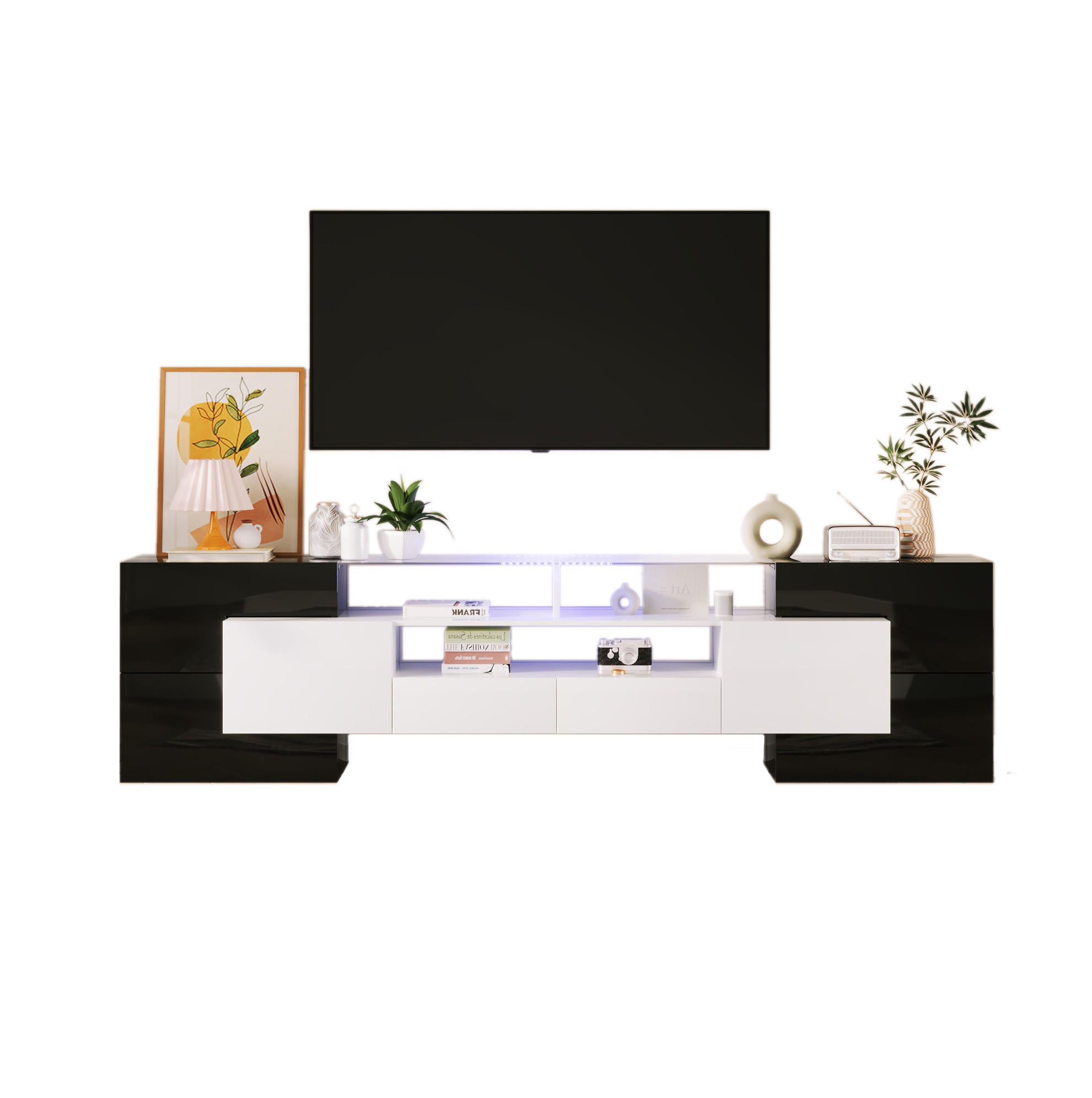 TV-LOWBOARD 200/35/60 cm schwarz/weiß aus Spanplatte mit LED - Schwarz, Holzwerkstoff (200/60/35cm) - OKWISH