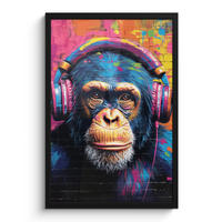 GERAHMTES BILD Graffiti - Schimpanse - Straßenkunst - Kopfhörer - Affe 40x60 cm - Blau, Papier (40/60cm) - MuchoWow
