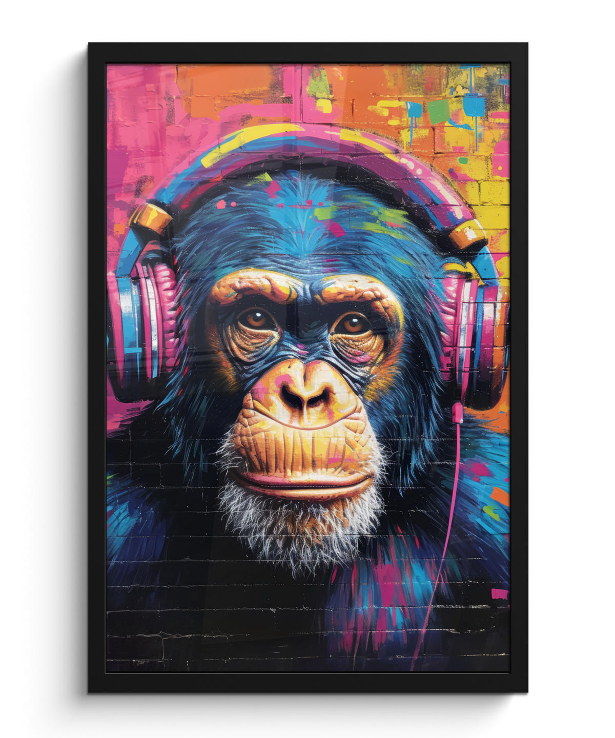 GERAHMTES BILD Graffiti - Schimpanse - Straßenkunst - Kopfhörer - Affe 40x60 cm - Blau, Papier (40/60cm) - MuchoWow