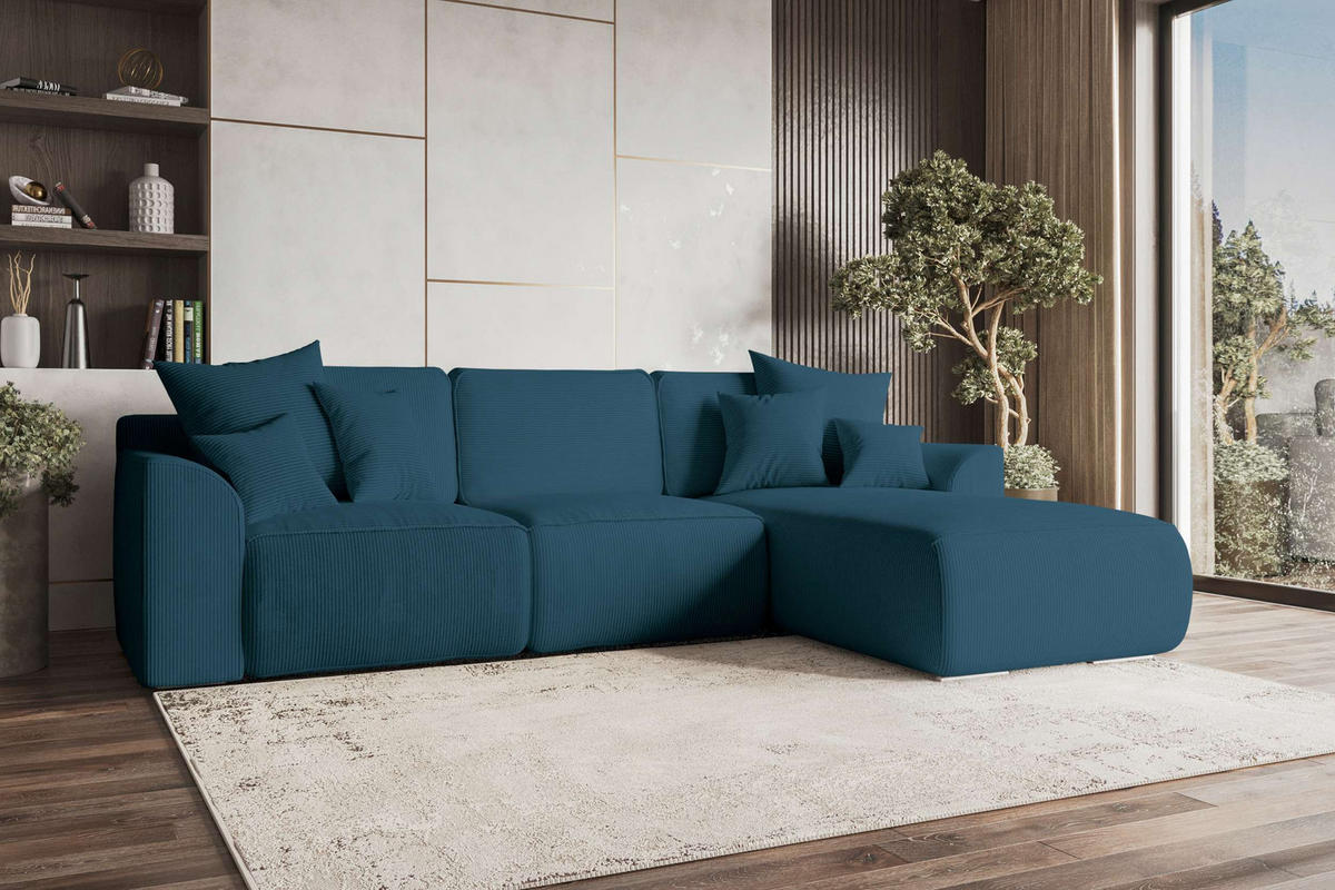 ECKSOFA GUSTO Cordstoff Blau Rechts inkl. Schlaffunktion - Blau/Chromfarben, Kunststoff/Textil (295/194cm) - 99rooms