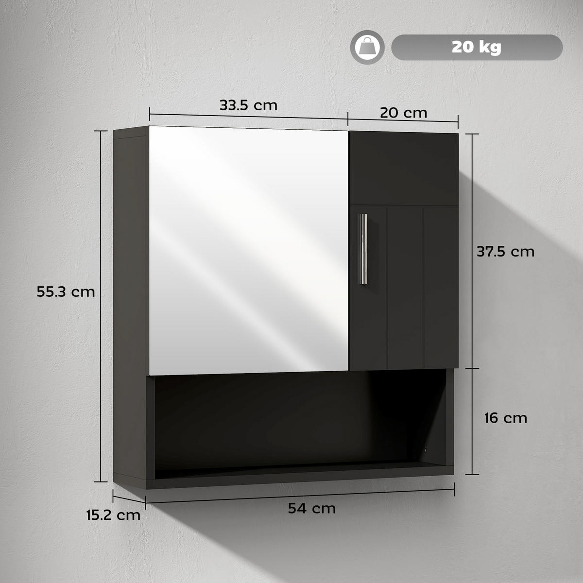 SPIEGELSCHRANK mit Spiegel, verstellbaren Einlegeböden, 54 x 15,2 x 55,3 cm ,Schwarz - Schwarz, Glas (54/55.3/15.2cm) - Vallsero