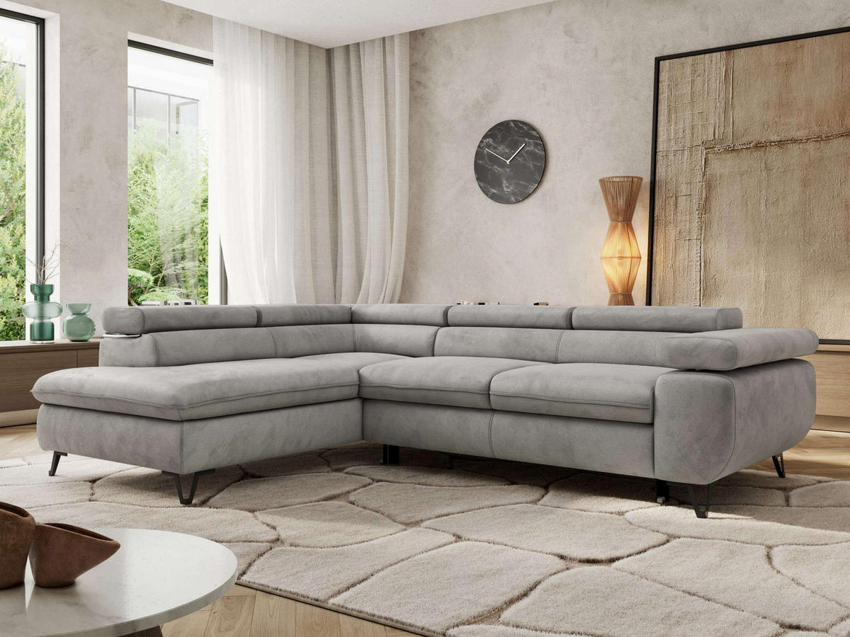 ECKSOFA PABLO L Hellgrau Velvet - Links Seite mit Visco Topper - Hellgrau/Schwarz, Textil/Metall (208/273cm) - MKS