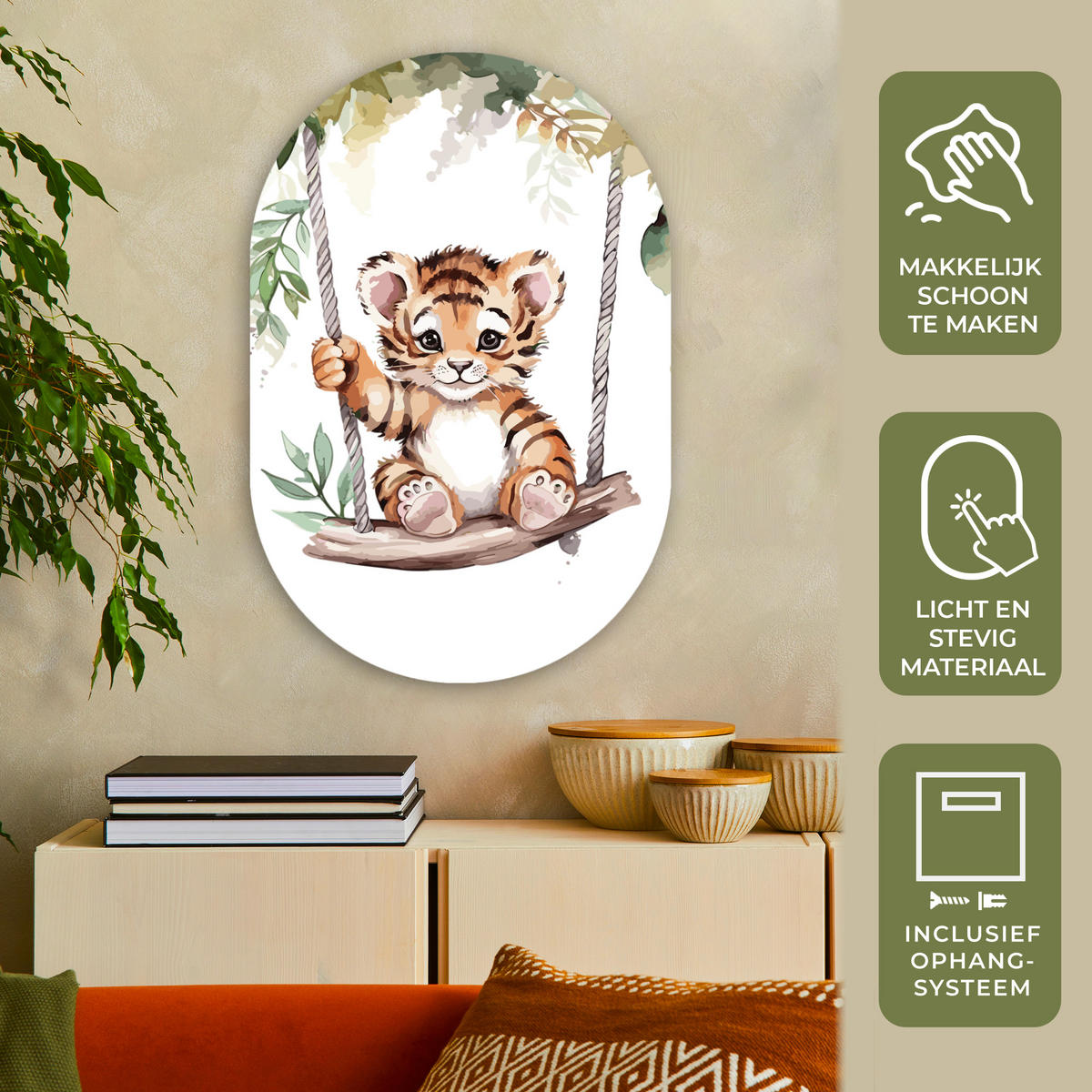 WANDBILD Tiger - Tier - Kinder - Dschungel Wanddeko Schlafzimmer 60x90 cm - Dunkelorange, Kunststoff (60/90cm) - MuchoWow