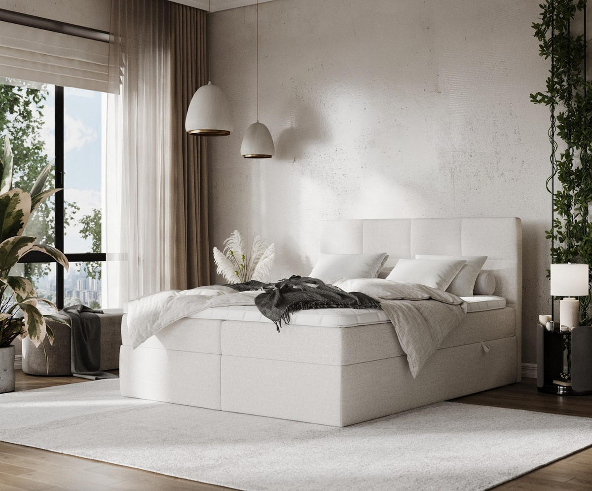 BOXBETT Oris 140/200 cm Hellbeige im Riva Stoff - Sandfarben/Schwarz, Holz/Holzwerkstoff (140/200cm) - AltaBeds