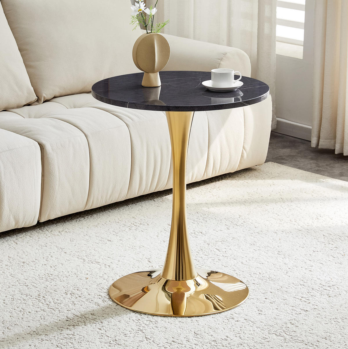 KULATÝ odkládací stolek 60 cm černá a zlatá z MDF a kovu se stabilní centrální nohou - černá, kompozitní dřevo (60/60/72cm) - OKWISH