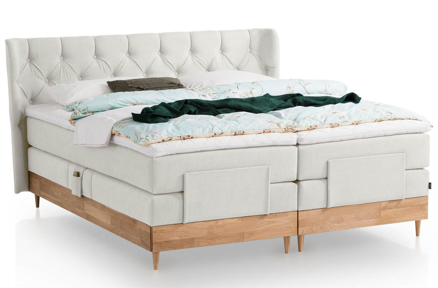 BOXSPRINGBETT ELEKTRISCH VERSTELLBAR EON 160x200 Beige H2 und H3 Bett mit Motor 7-Zonen TFK Matratze inkl. Visco Topper Motorbett mit Eiche - Beige, Textil (160/200cm) - Belanoti