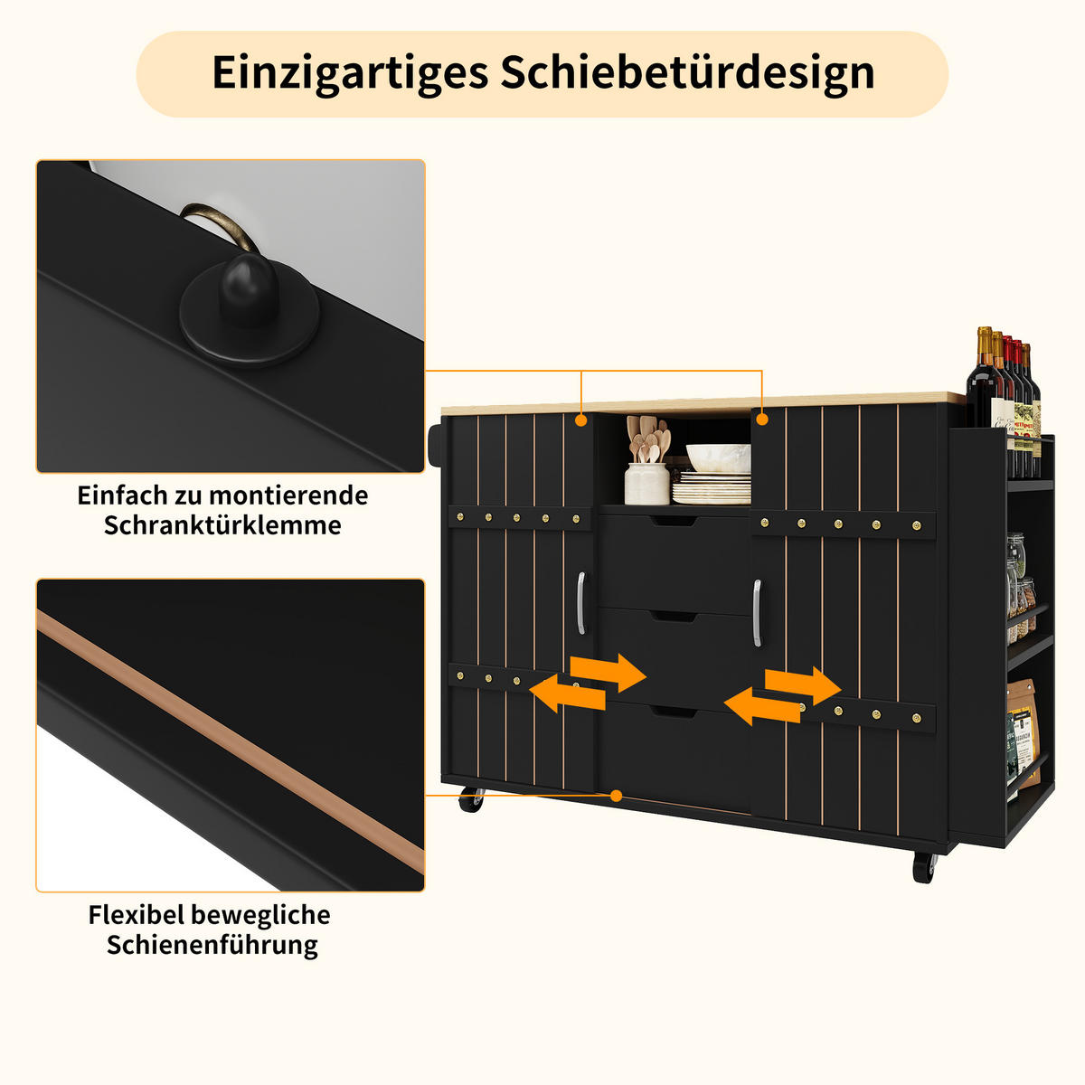 KÜCHENWAGEN 110x42x90cm aus MDF mit Klappplatte,3 Schubladen & 4 Rollen - Schwarz, Holzwerkstoff (110/90/42cm) - Modfu