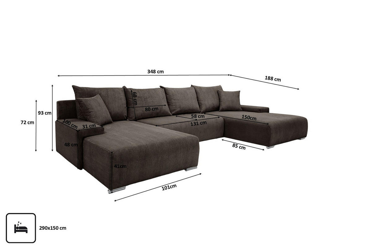 ECKSOFA U-Form Livorno Schlaffunktion Cord-Stoff Braun - Chromfarben/Schwarz, Holz/Kunststoff (348/93/188cm) - Kaiser Möbel