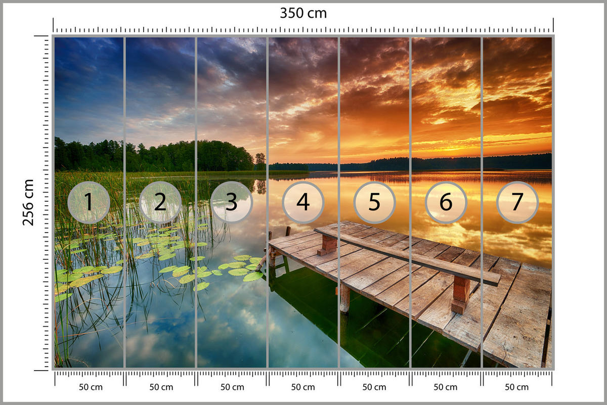 FOTOTAPETE für Wohnzimmer Sonnenuntergang See Steg Bäume 350x256 - Gelb/Beige, Papier (350/256cm) - Muralo