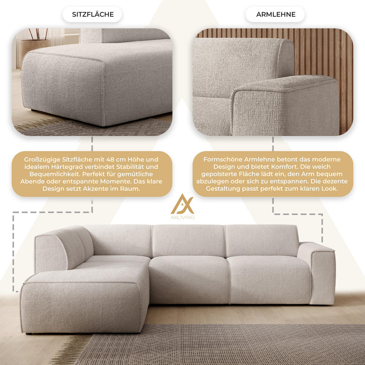 ECKSOFA L Form Didim Creme 292/220/78 cm – großes Sofa stilvoll & bequem L - Creme/Schwarz, Kunststoff/Textil (220/292cm) - AX Living