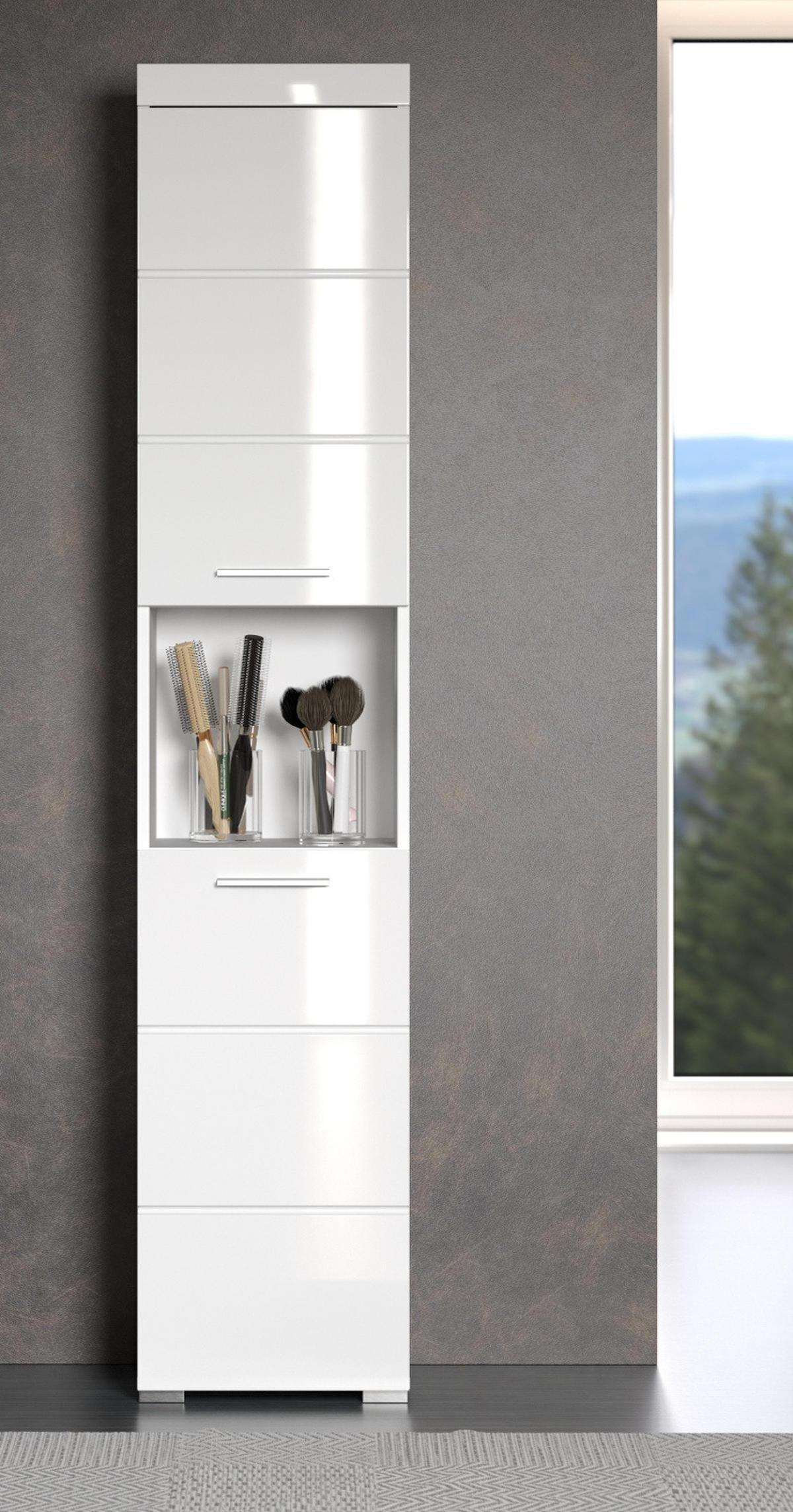 HOCHSCHRANK weiß Hochglanz 37 x 190 cm, Badschrank 2-türig - Weiß, Holzwerkstoff/Kunststoff (37/190/31cm) - Top.Furn