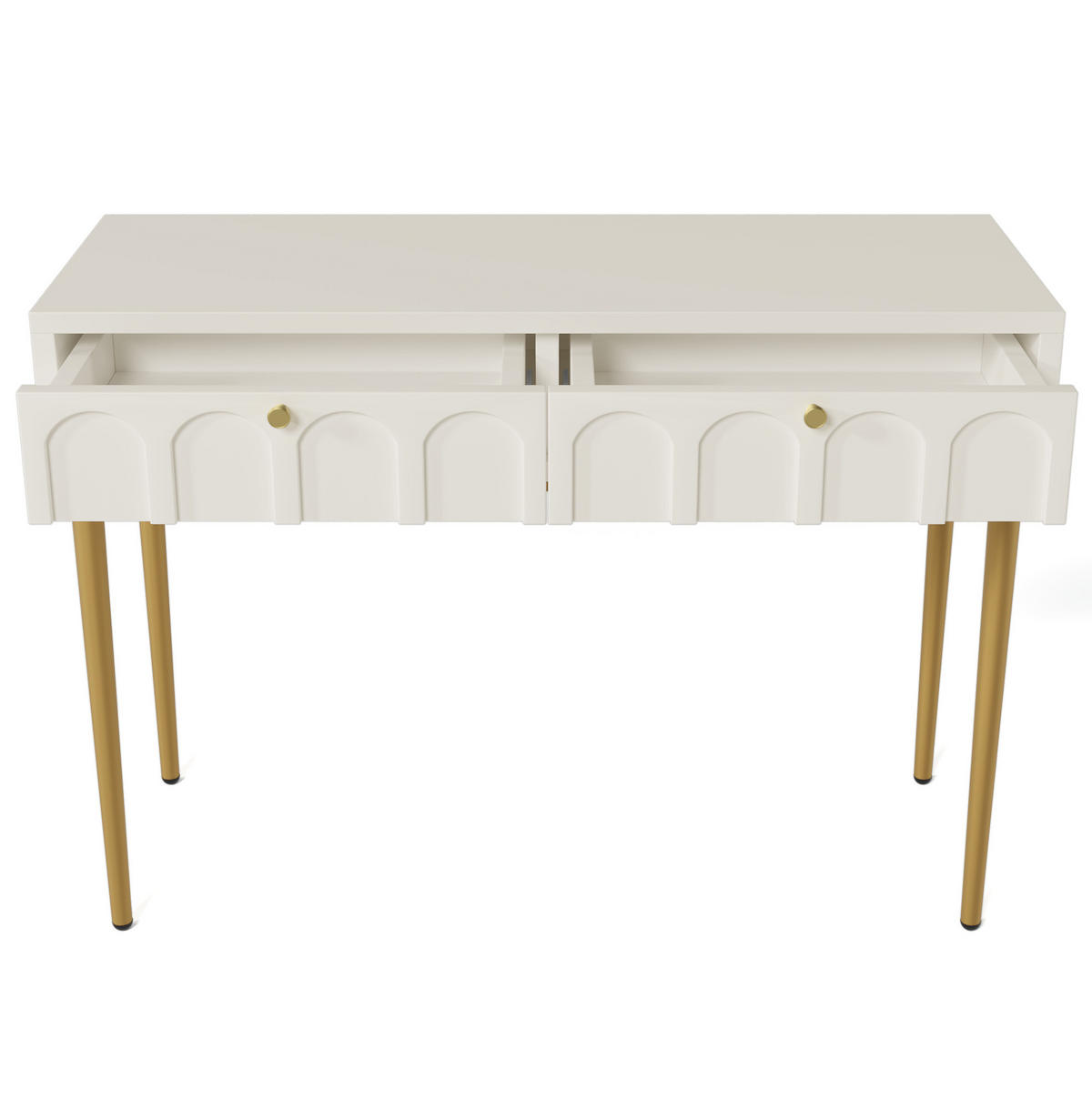 SCHMINKTISCH aus Holz und Metall 100x45x76,5 cm Creme-Weiß mit 2 Schubladen und gewölbten Fronten - Weiß, Holzwerkstoff (100/76.5/45cm) - Modfu