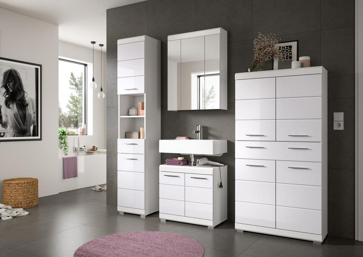 BADMIDISCHRANK Scout Bad in weiß Nachbildung und weiß hochglanz B/H/T: 74x141x31 cm - Weiß, Holz (74/141/31cm)