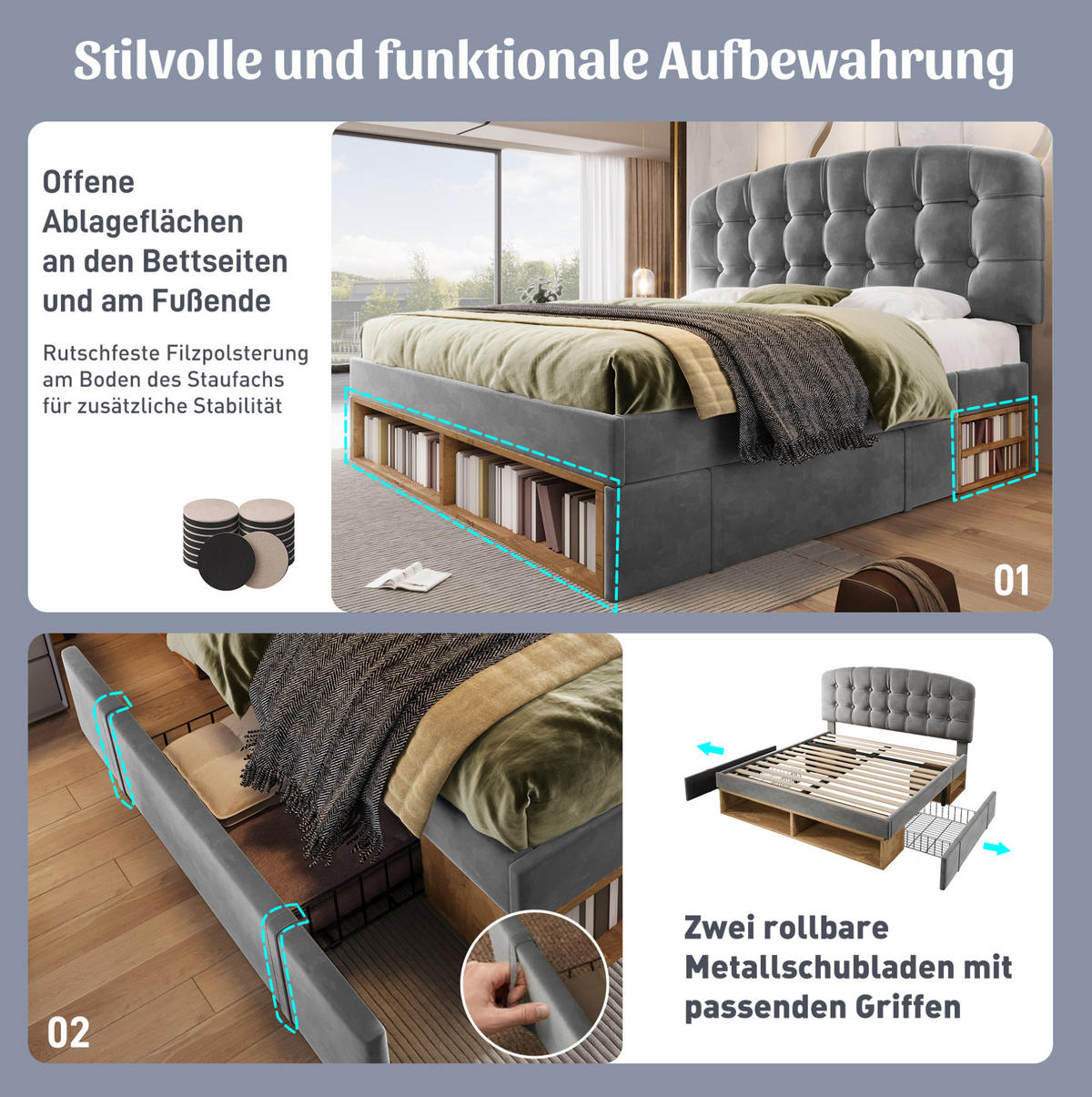 POLSTERBETT 140/200 cm Grau aus Samt mit Stauraum - Grau, Textil (140/200cm) - OKMYHOME