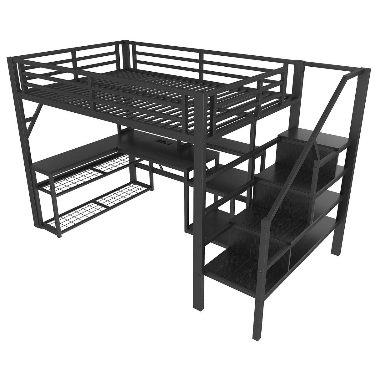HOCHBETT 140/200 cm in Schwarz – mit Schreibtisch, LED und Stauraumtreppe - Schwarz, Metall (140/200cm) - BEAOK