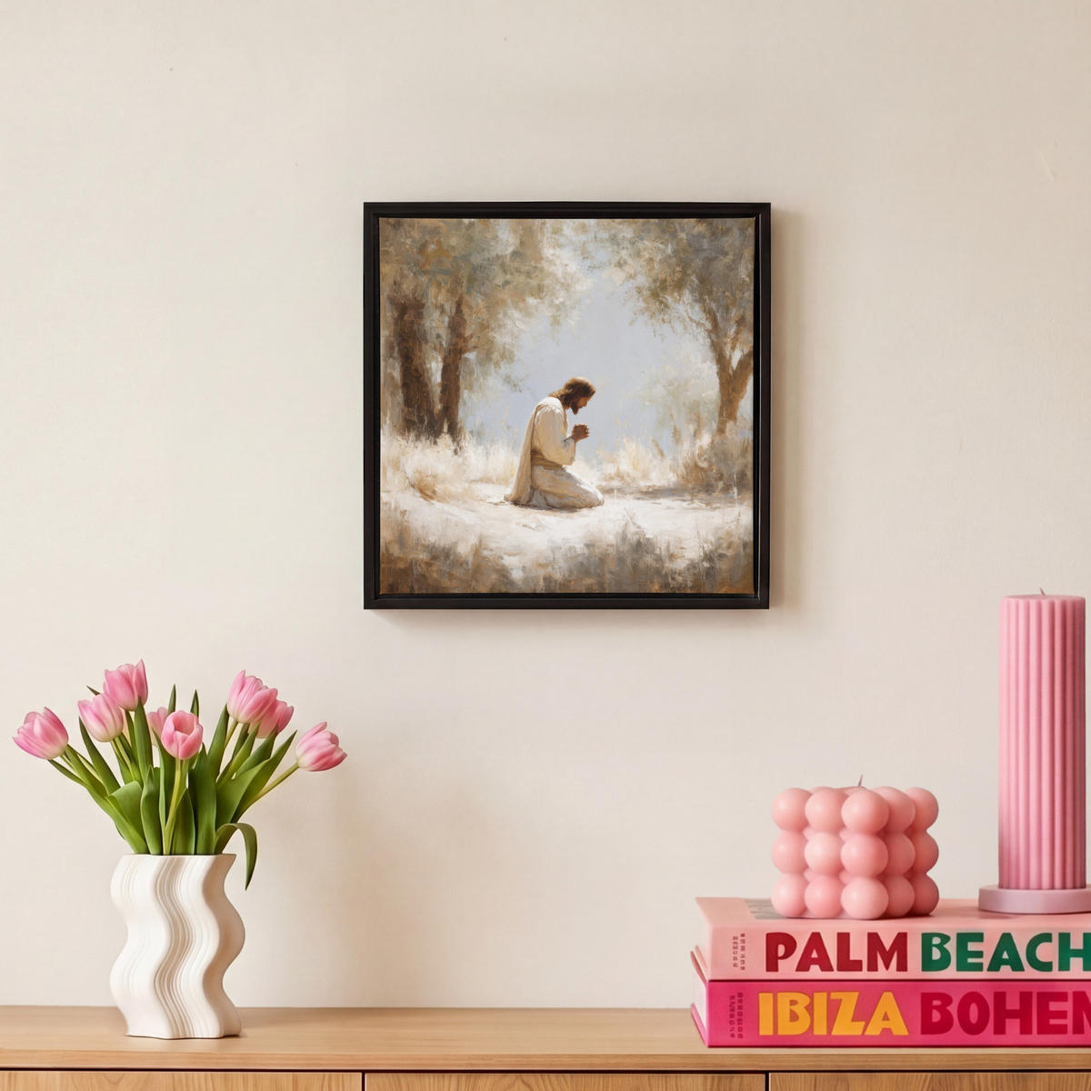 LEINWAND Bilder mit Rahmen - Jesus - Kniend - Waldlandschaft - Betend - 20x20 - Beige, Textil (20/20cm) - MuchoWow