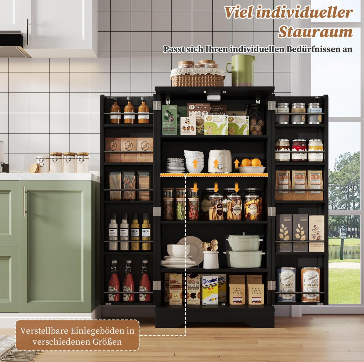 ANRICHTE 120/60/40 cm in Schwarz mit LED-Beleuchtung und verstellbarem Anrichte - Schwarz, Holzwerkstoff (60/120/40cm) - Flora Grace