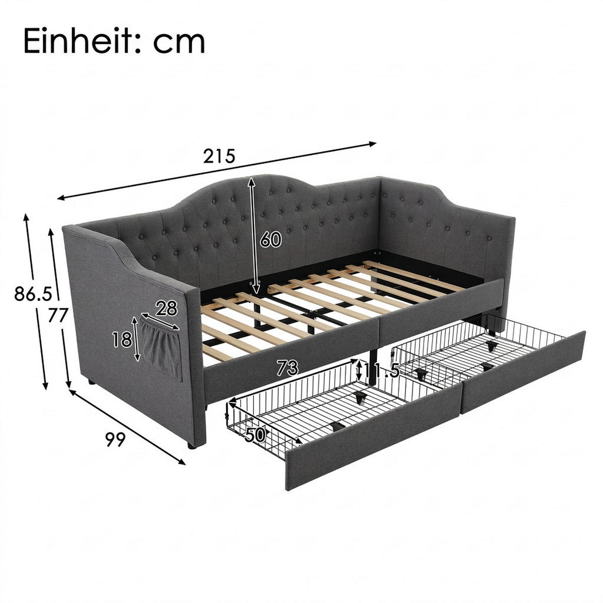 POLSTERBETT 90/200 cm Grau mit USB Type C Ladefunktion und 2 Schubladen, Ohne Matratze - Grau, Textil (90/200cm) - Oxeza