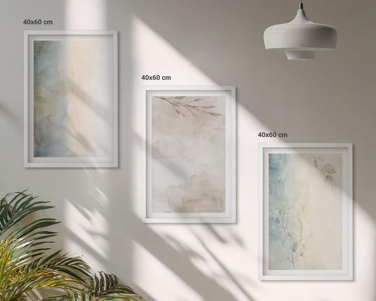 BILDER SET 3er Set - 40x60 cm Weißer Rahmen - Zarte Aquarellkartons - Weiß, Kunststoff (40/60cm) - TULUP