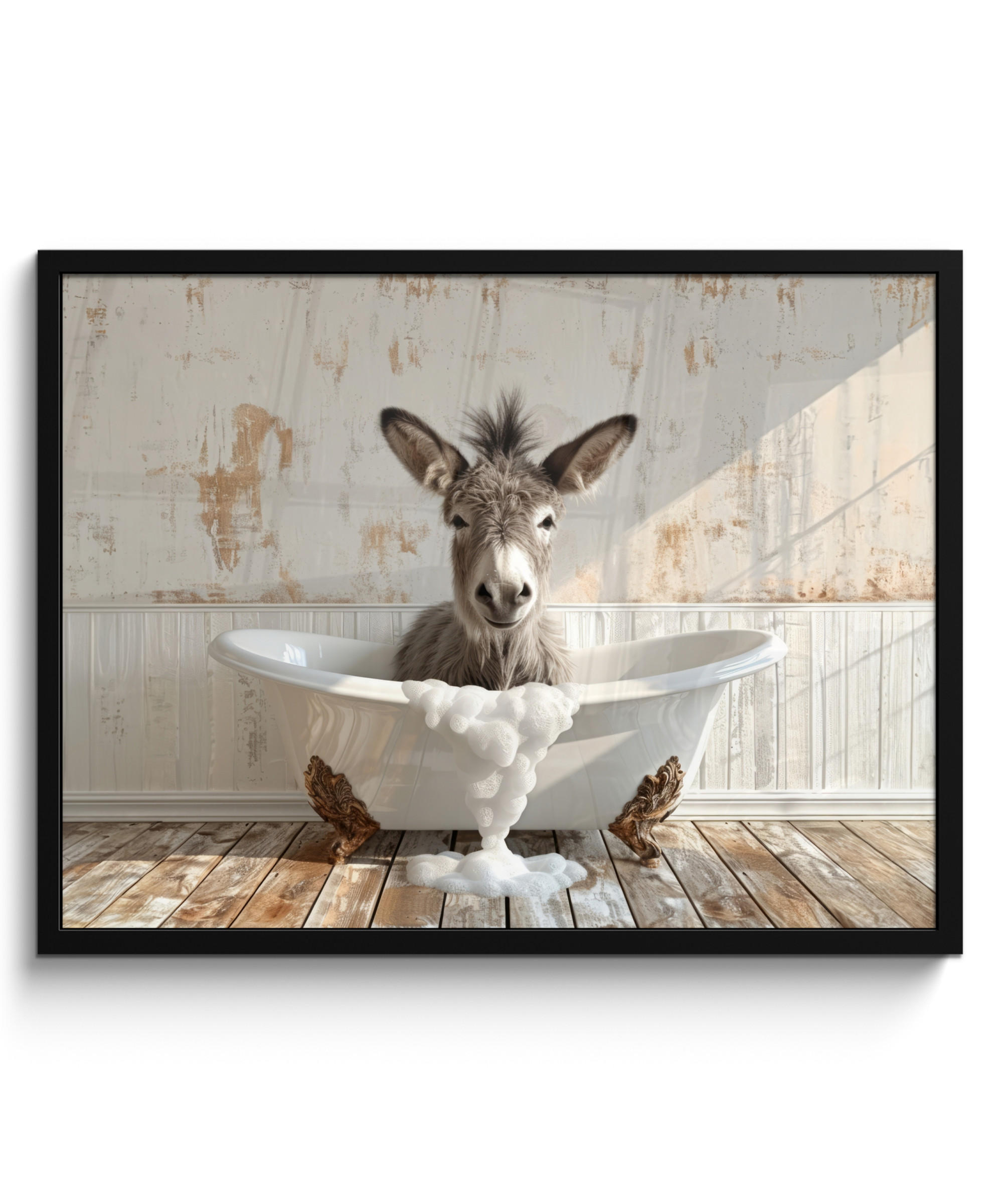 POSTER MIT RAHMENGERAHMTES BILD - Esel - Tiere - Badewanne - Schaumstoff - 80x60 cm - Weiß, Papier (80/60cm) - MuchoWow