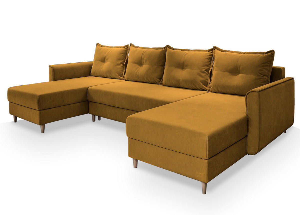 WOHNLANDSCHAFT VERNI Gelb Plüsch-Stoff mit Schlaffunktion - Gelb, Holz (285/91/143cm) - MASSENO