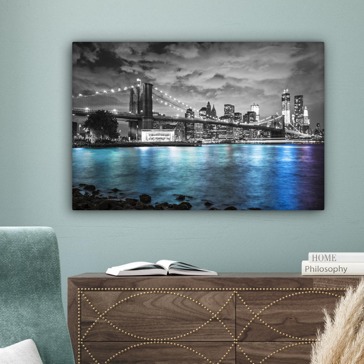 LEINWANDBILD New York - Skyline - Stadt - Blau Gemälde 60x40 cm - Blaugrau, Textil (60/40cm) - MuchoWow