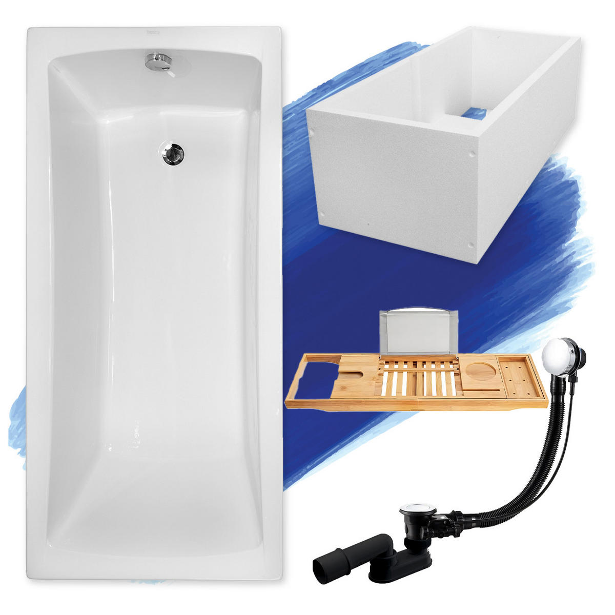 BADEWANNE Rechteck OPTIMA 160/70 + Träger + Ablage Ablauf Füße - Weiß, Kunststoff (70/53.5/160cm) - bad land