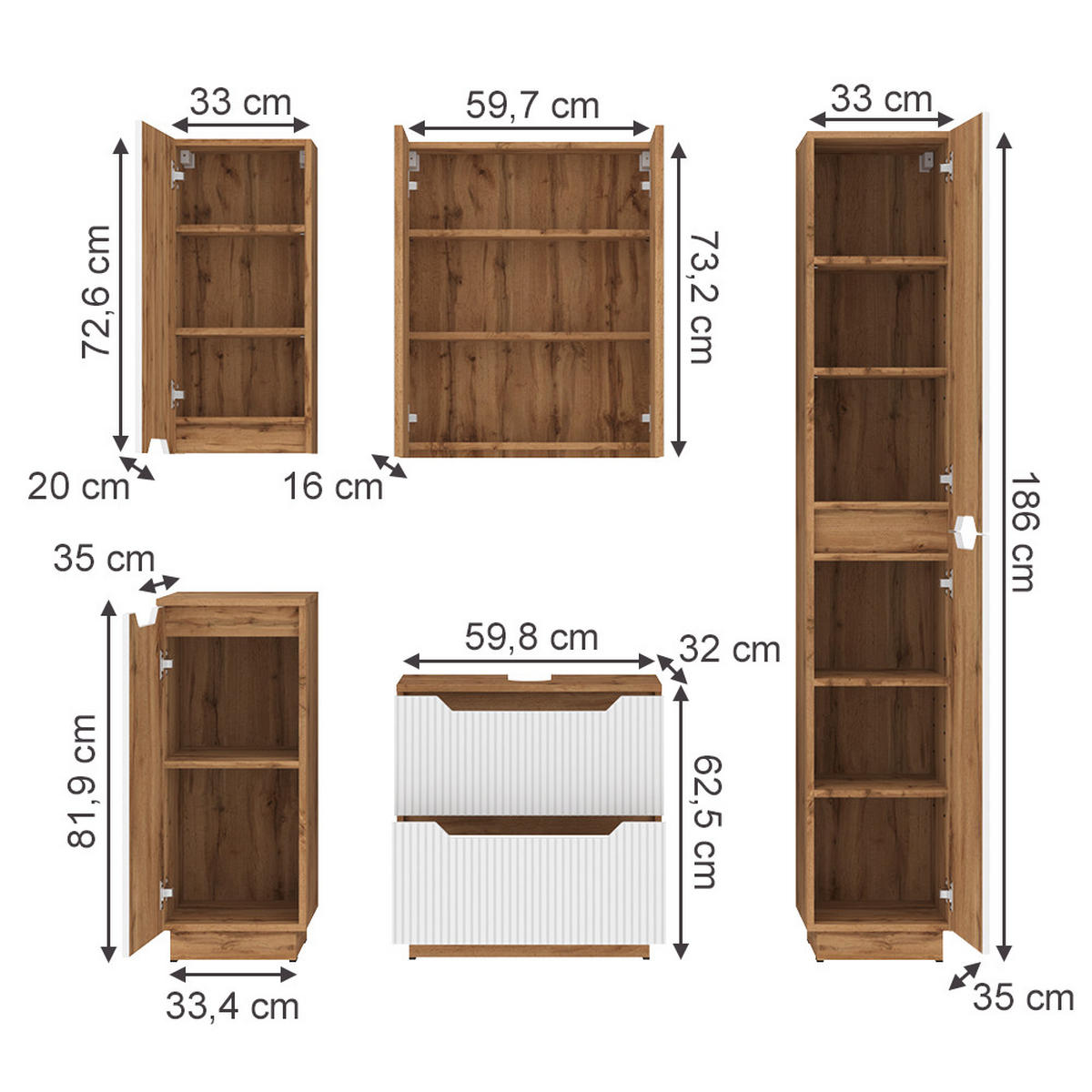 KOUPELNOVÝ NÁBYTEK Lotta Dub/bílý pruhovaný - bílá/barva dubu, kompozitní dřevo (59.8/62.5/32cm) - Vicco