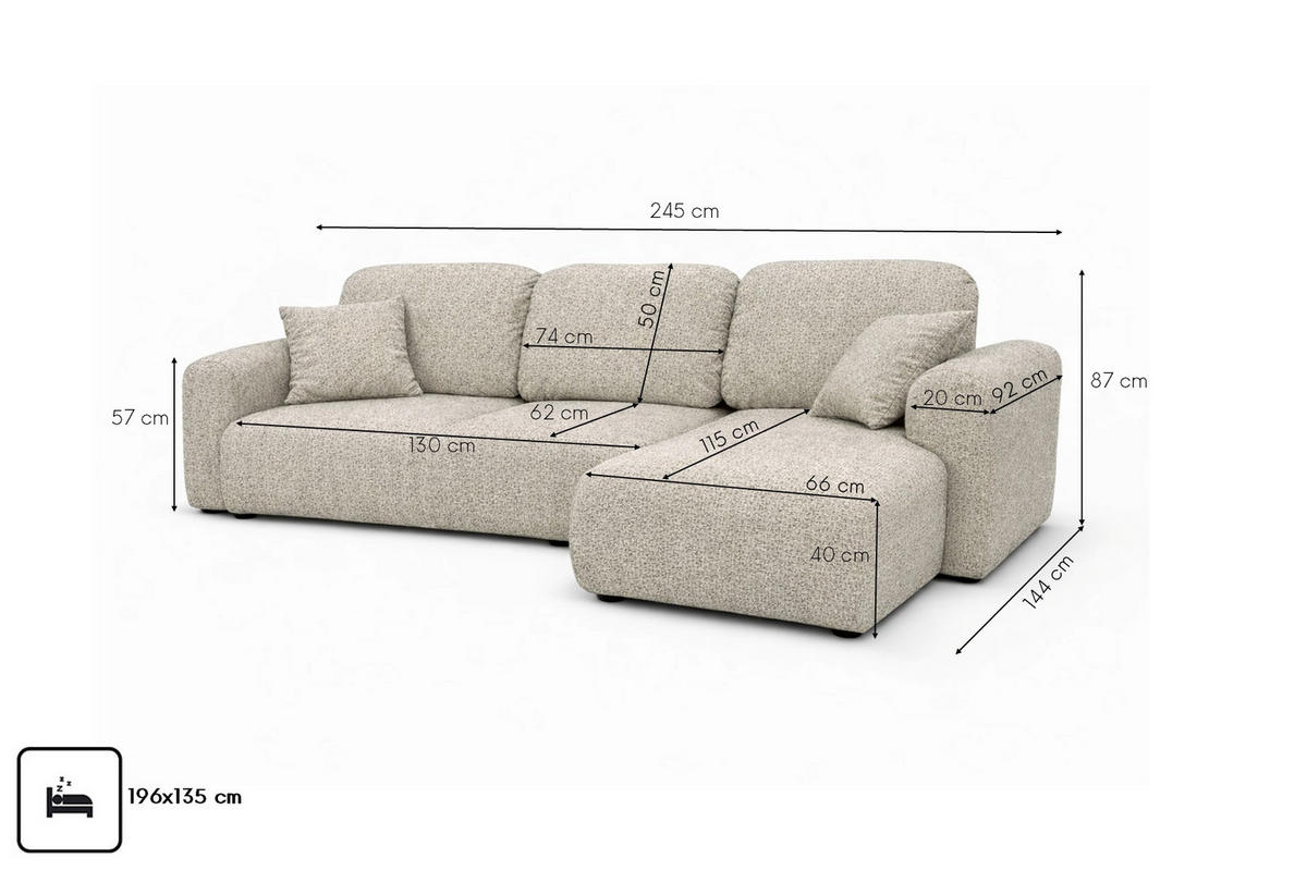 ECKSOFA Mit Schlaffunktion Und Bettkasten, Sofa L-Form Bingo L, Chenille-Stoff Artico, Nata, Rechts - Beige, Holz (245/144cm) - Kaiser Möbel
