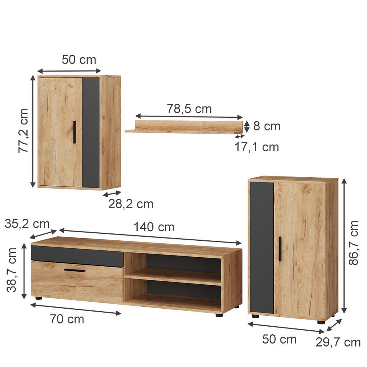 WOHNWAND Berno Goldkraft Eiche 4er Set - Honigeiche/Anthrazit, Holzwerkstoff (140/38.7/35.2cm) - Vicco