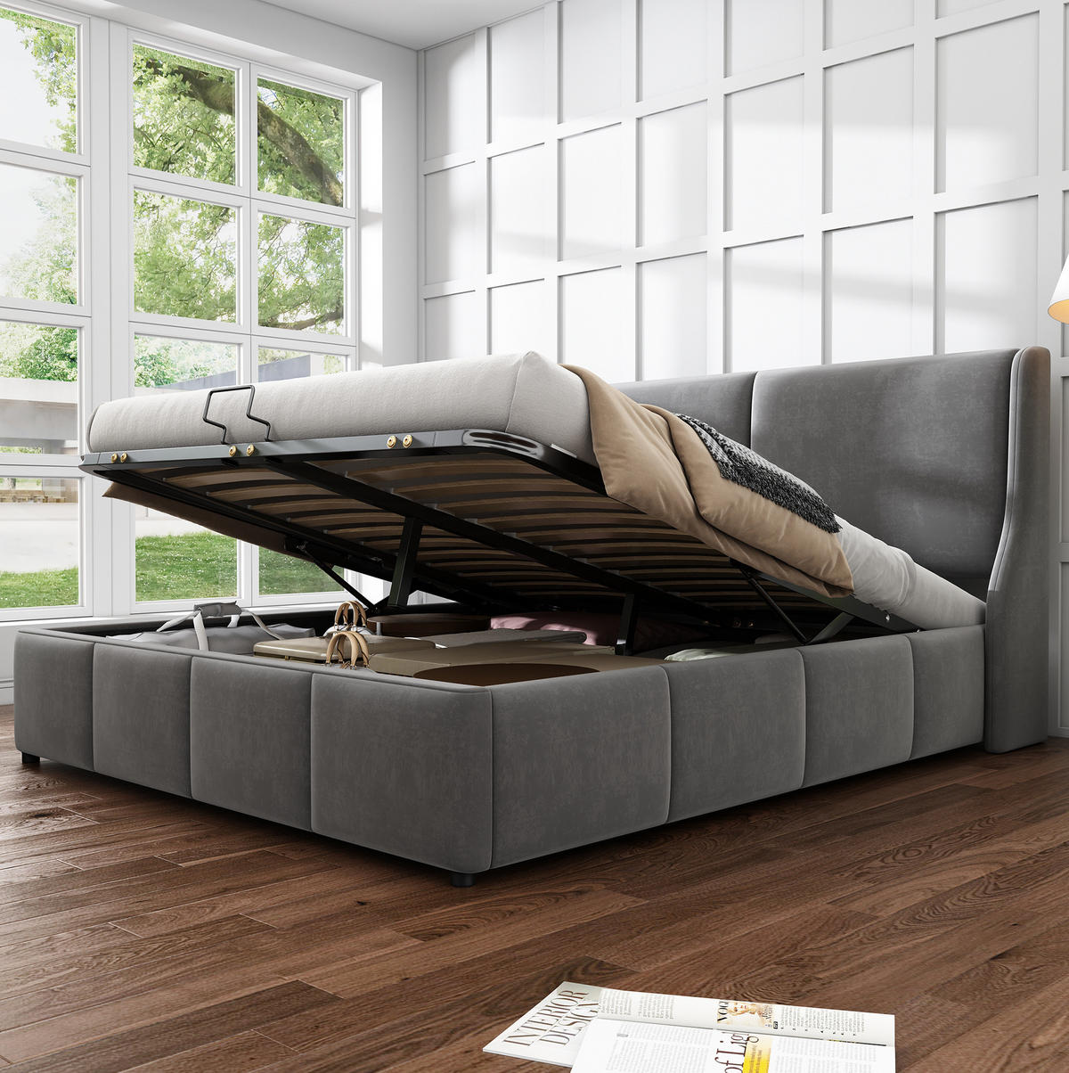ČALÚNENÁ posteľ z zamatu 140x190 cm sivá s hydraulickým úložným priestorom a čelom v tvare uší - sivá, textil (140/200cm) - Modfu