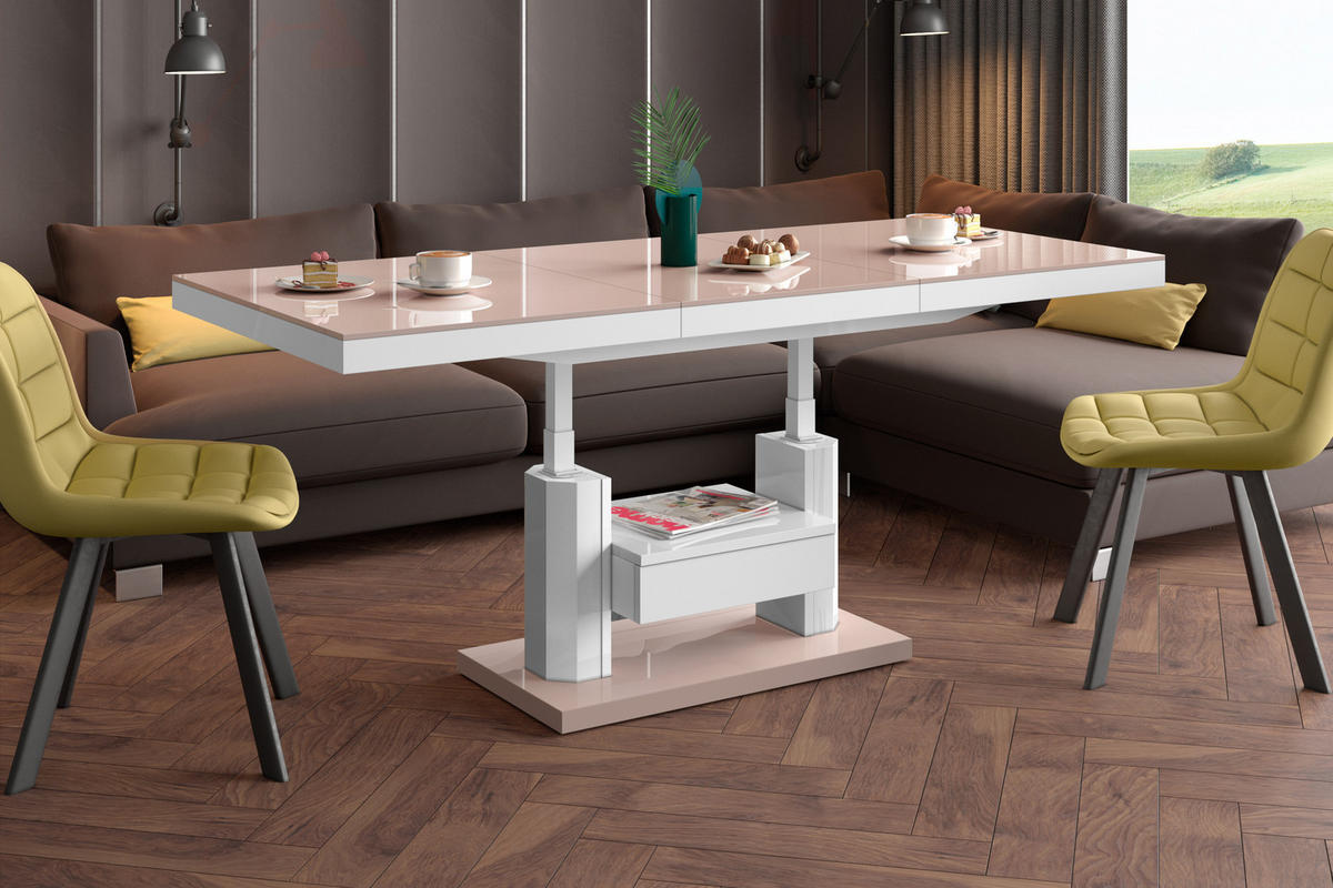 COUCHTISCH rechteckig höhenverstellbar ausziehbar Schublade 120/75/56 cm - Weiß Hochglanz/Cappuccino, Holzwerkstoff (75/120/56cm) - designimpex