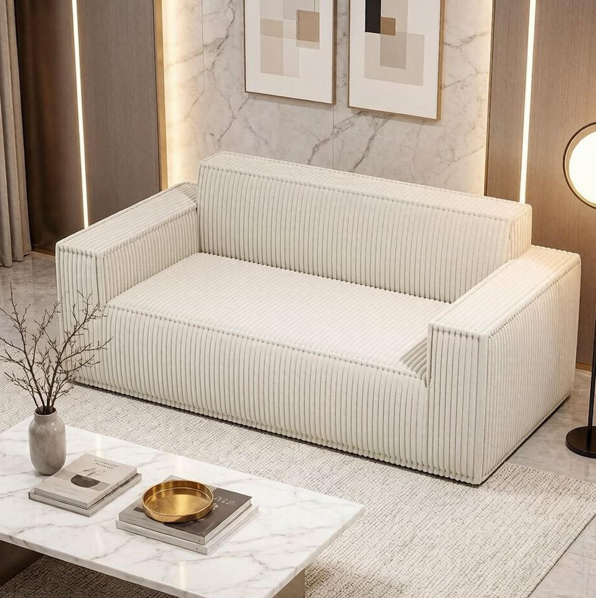 SOFA 2-Sitzer mit tiefer Sitzfläche Off White Cord - Weiß, Kunststoff (178/70/86cm) - Meubliv