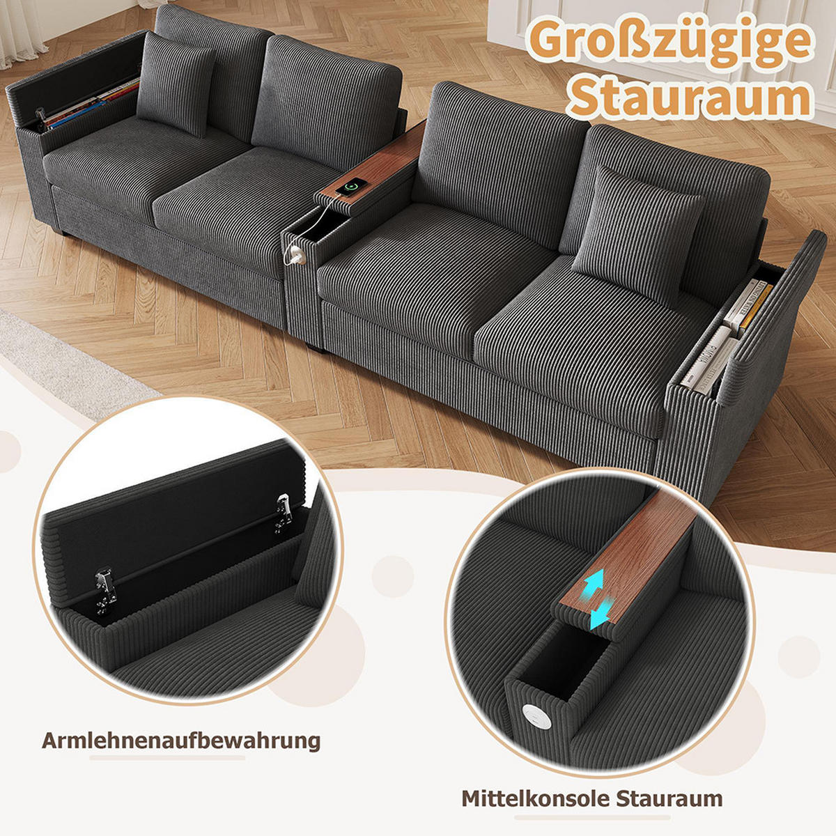 4-SITZER-SOFA mit Ladefunktion in Grau - Grau, Textil (80/82.7/299cm) - KOMHTOM