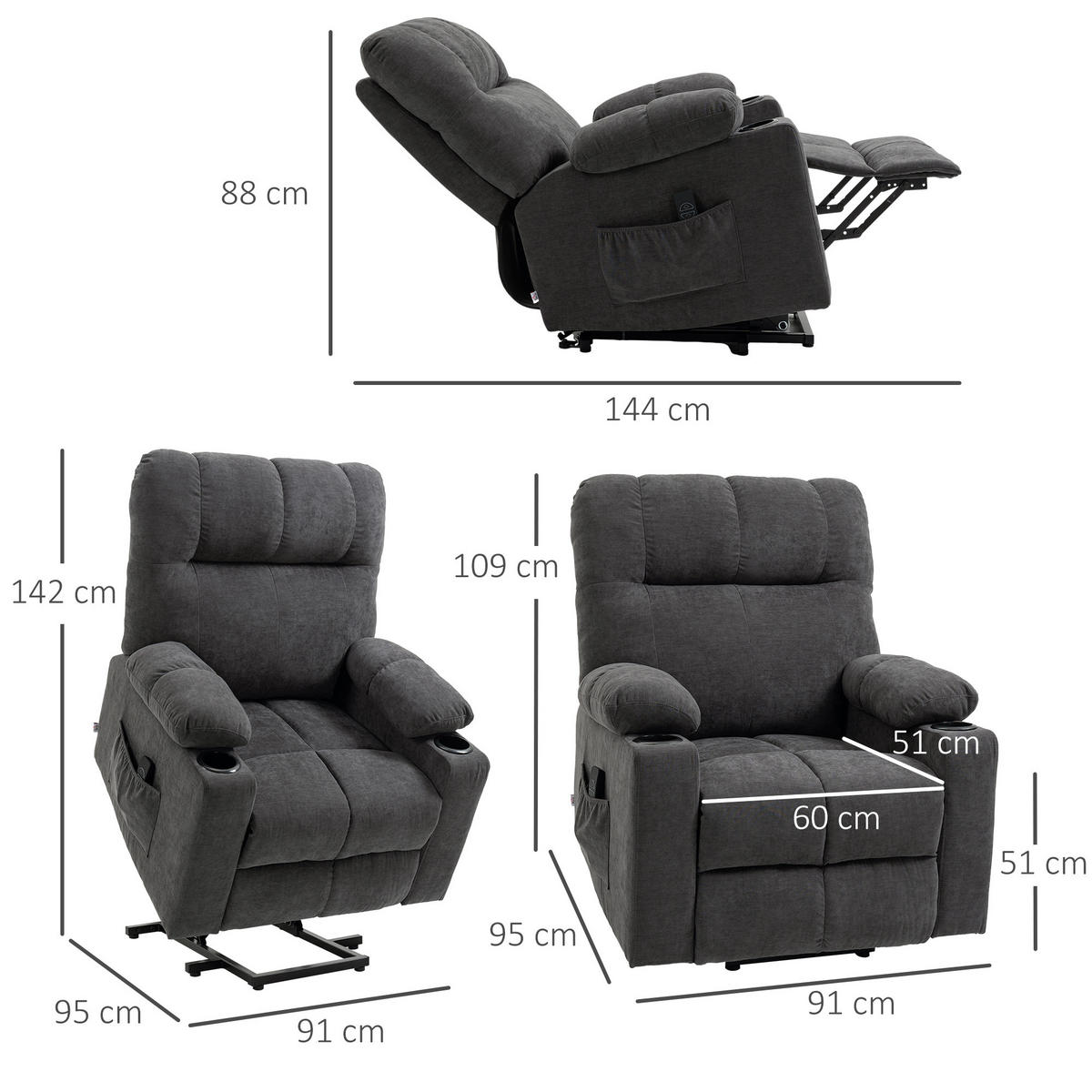 FERNSEHSESSEL mit Aufstehhilfe, Dunkelgrau - Dunkelgrau/Schwarz, Textil/Metall (95/109/91cm) - HOMCOM